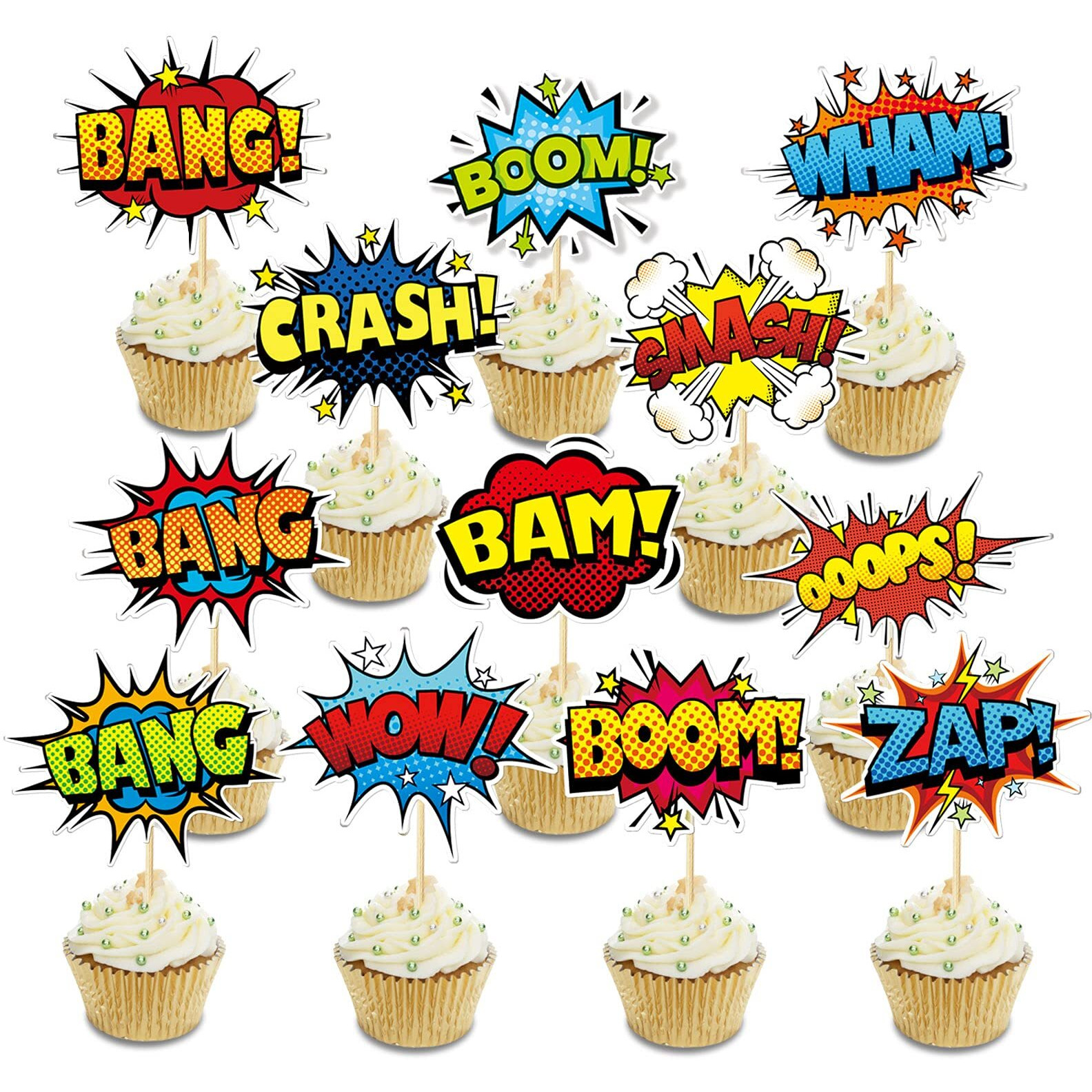 Superhero Boom Cupcake Toppers 48 Pack Happy Birthday Cake Decor For Kids Hero Theme Birthday Party Supplies Celebrating Party Events Baby Shower