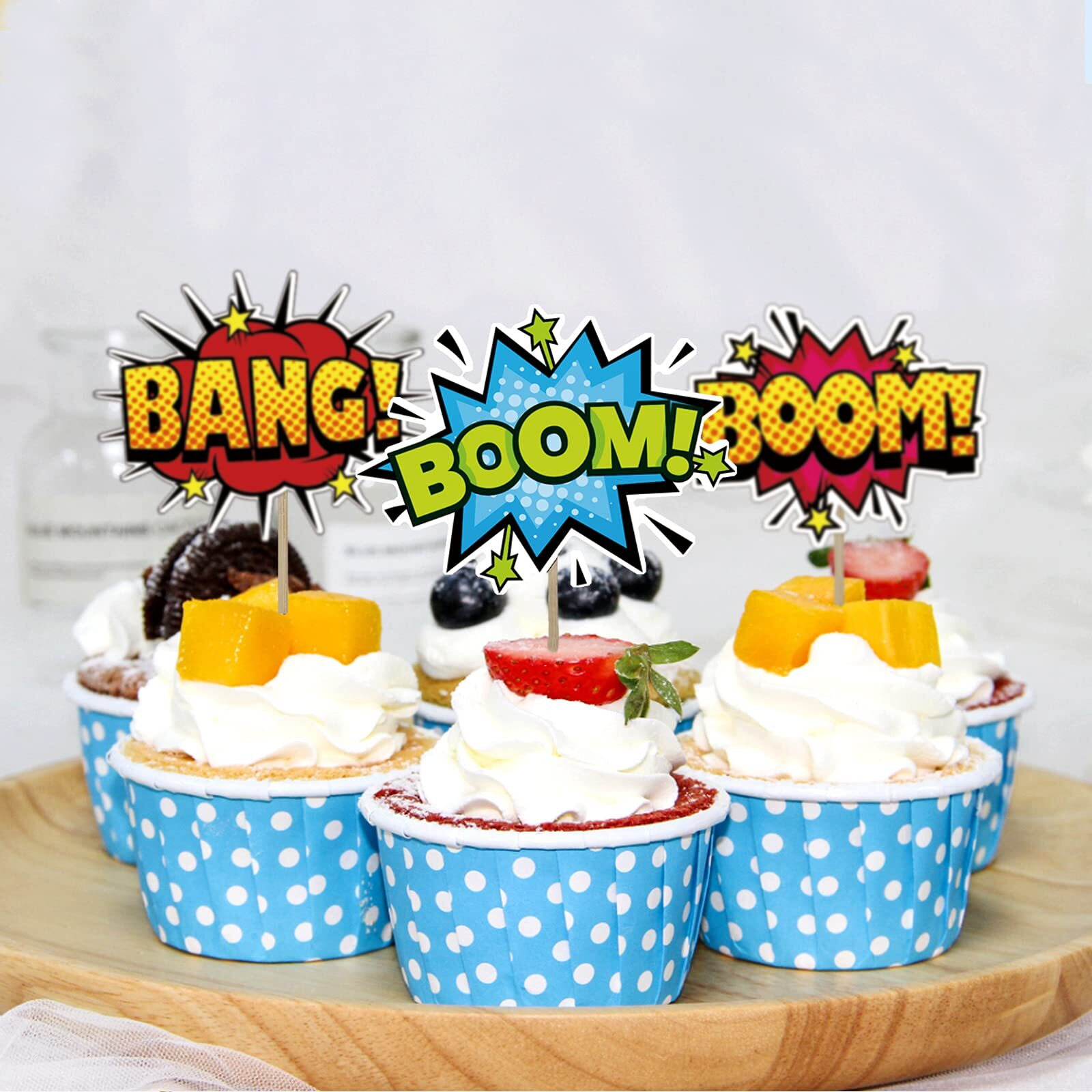 Superhero Boom Cupcake Toppers 48 Pack Happy Birthday Cake Decor For Kids Hero Theme Birthday Party Supplies Celebrating Party Events Baby Shower