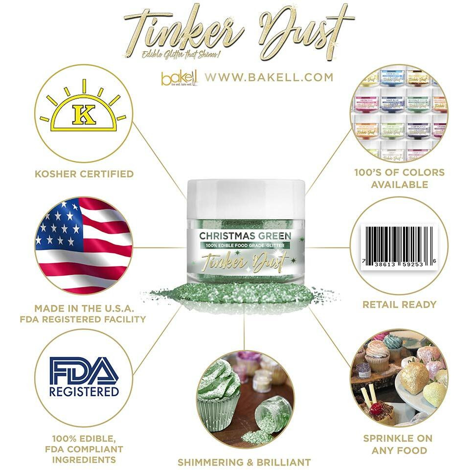 Bakell Christmas Green Tinker Dust, 5 Gram | Kosher Certified | 100% Edible Glitter | Cakes, Cupcakes, Cake Pops, Drinks, Glitter & Dusts (Christmas Green)