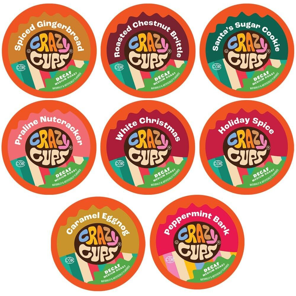Crazy Cups Decaf Christmas Coffee Pods Variety Pack, Holiday Coffee Sampler Of Single Serve Assorted Flavored Coffee Pods For Keurig K Cup Machines, 50 Count - Great Holiday Coffee Gift