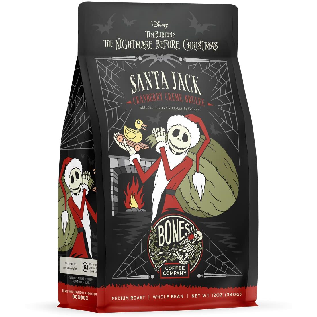 Bones Coffee Company Santa Jack Ground Coffee Beans Cranberry Creme Brulee, Low Acid Coffee Made With Arabica Coffee Beans, Medium Roast Coffee Inspired By The Nightmare Before Christmas (12 Oz)
