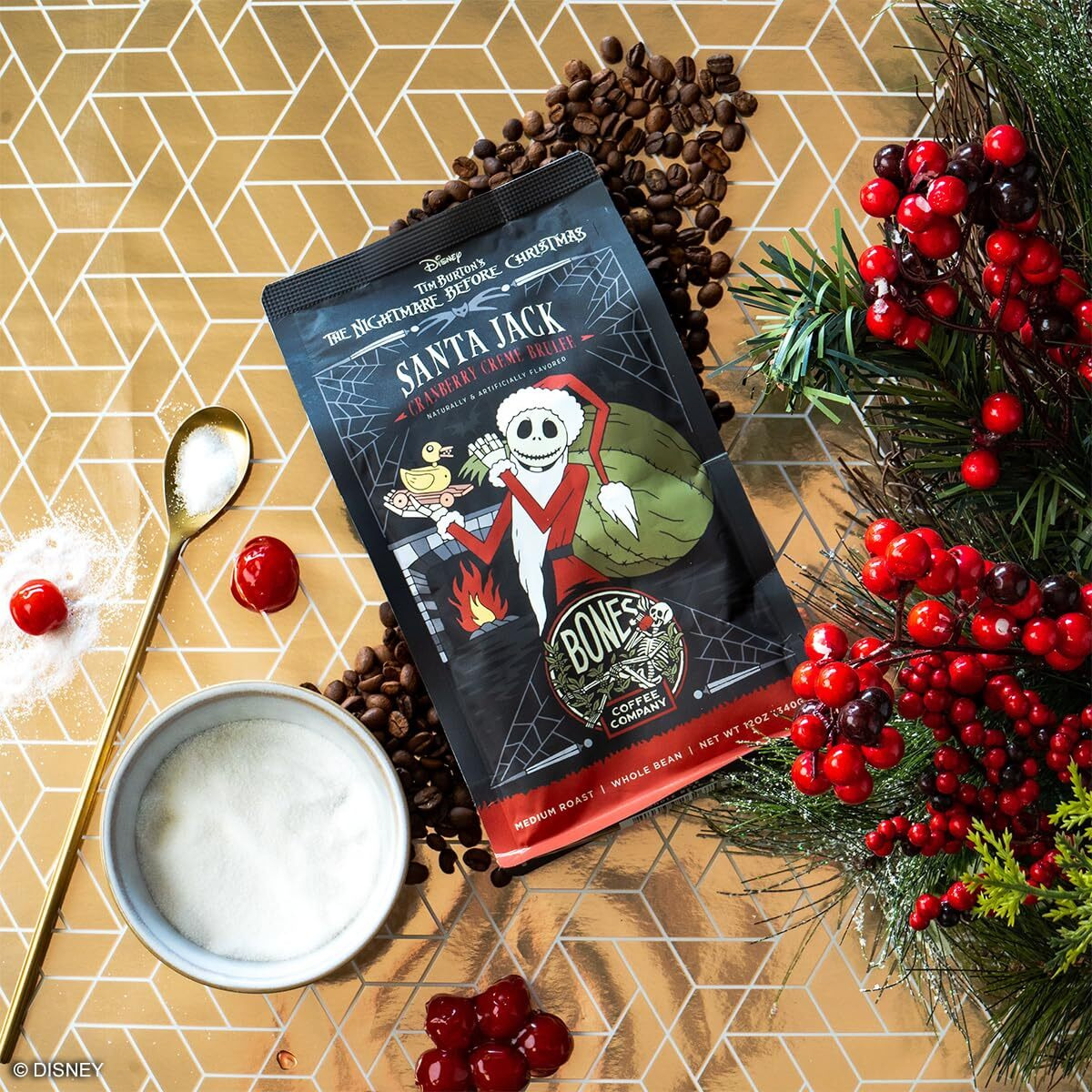 Bones Coffee Company Santa Jack Ground Coffee Beans Cranberry Creme Brulee, Low Acid Coffee Made With Arabica Coffee Beans, Medium Roast Coffee Inspired By The Nightmare Before Christmas (12 Oz)
