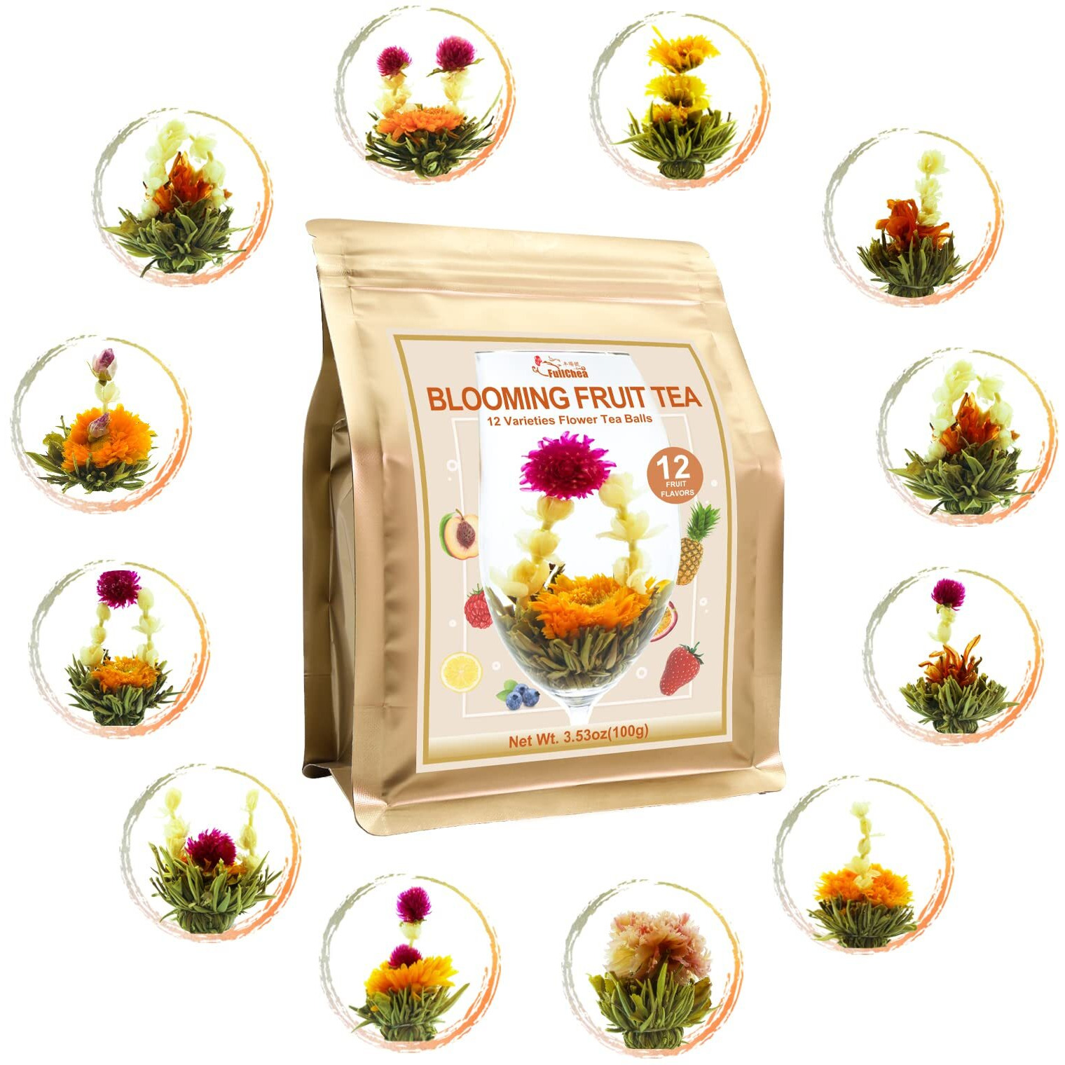 Fullchea - Blooming Flowering Tea, 12 Unique Varieties - Flowering Tea In 12 Delicious Fruit Flavors - Gift For Tea Lovers, Christmas, Anniversary, Valentine, Birthday