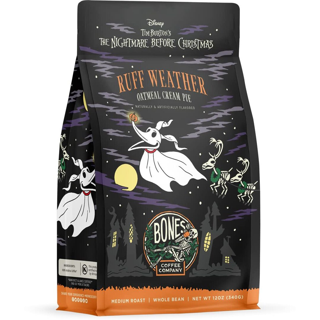 Bones Coffee Company Ruff Weather Flavored Ground Coffee Beans Oatmeal Creampie Flavor, Made With Arabica Coffee Beans, Medium Roast Coffee Inspired By The Nightmare Before Christmas (12 Oz)