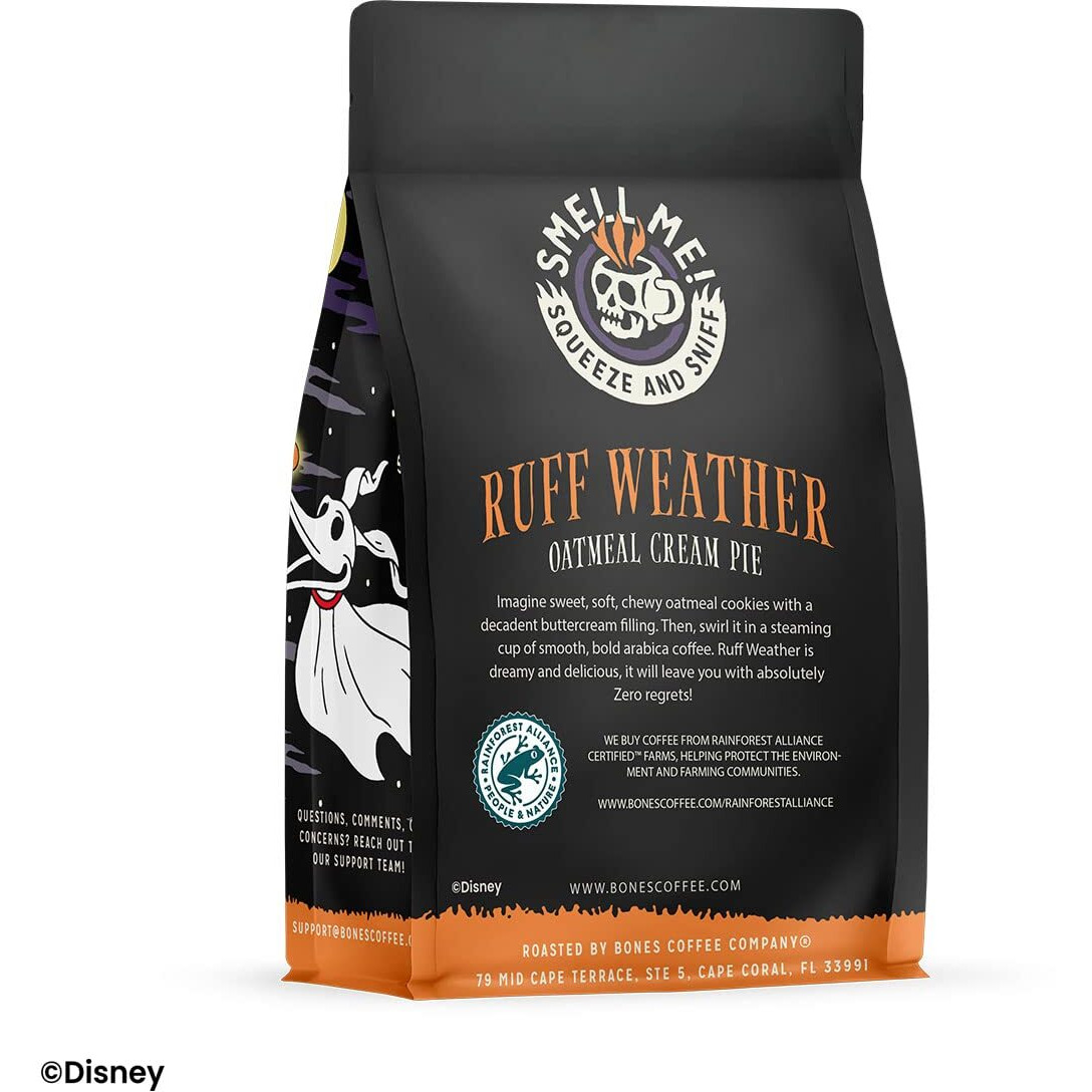 Bones Coffee Company Ruff Weather Flavored Ground Coffee Beans Oatmeal Creampie Flavor, Made With Arabica Coffee Beans, Medium Roast Coffee Inspired By The Nightmare Before Christmas (12 Oz)