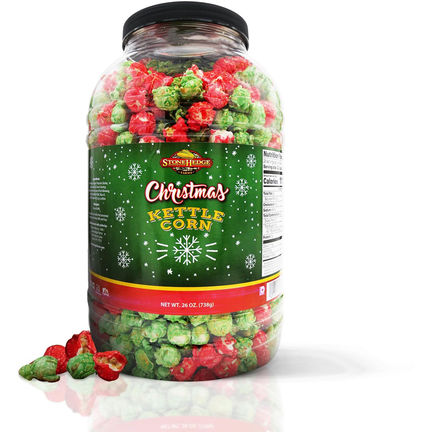 Stonehedge Farms Christmas Kettle Corn - 26 Ounce Barrel - Deliciously Old Fashioned - Red, And Green Popcorn
