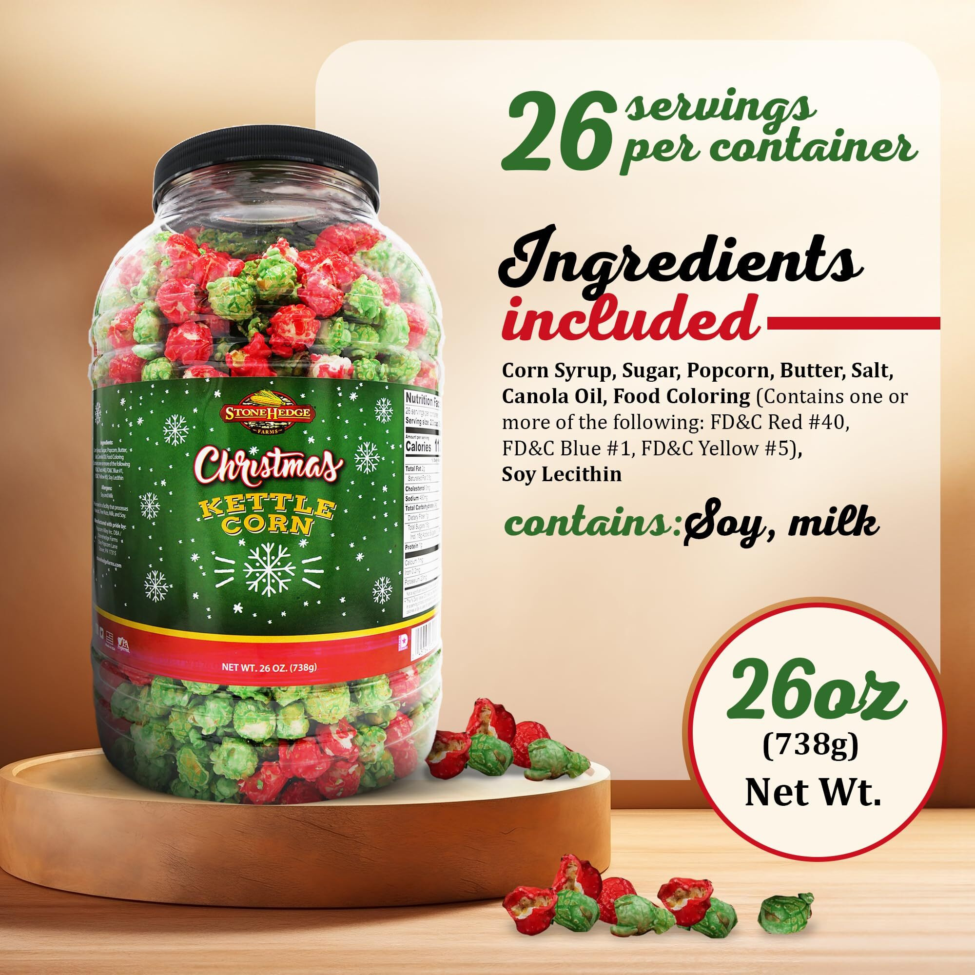 Stonehedge Farms Christmas Kettle Corn - 26 Ounce Barrel - Deliciously Old Fashioned - Red, And Green Popcorn