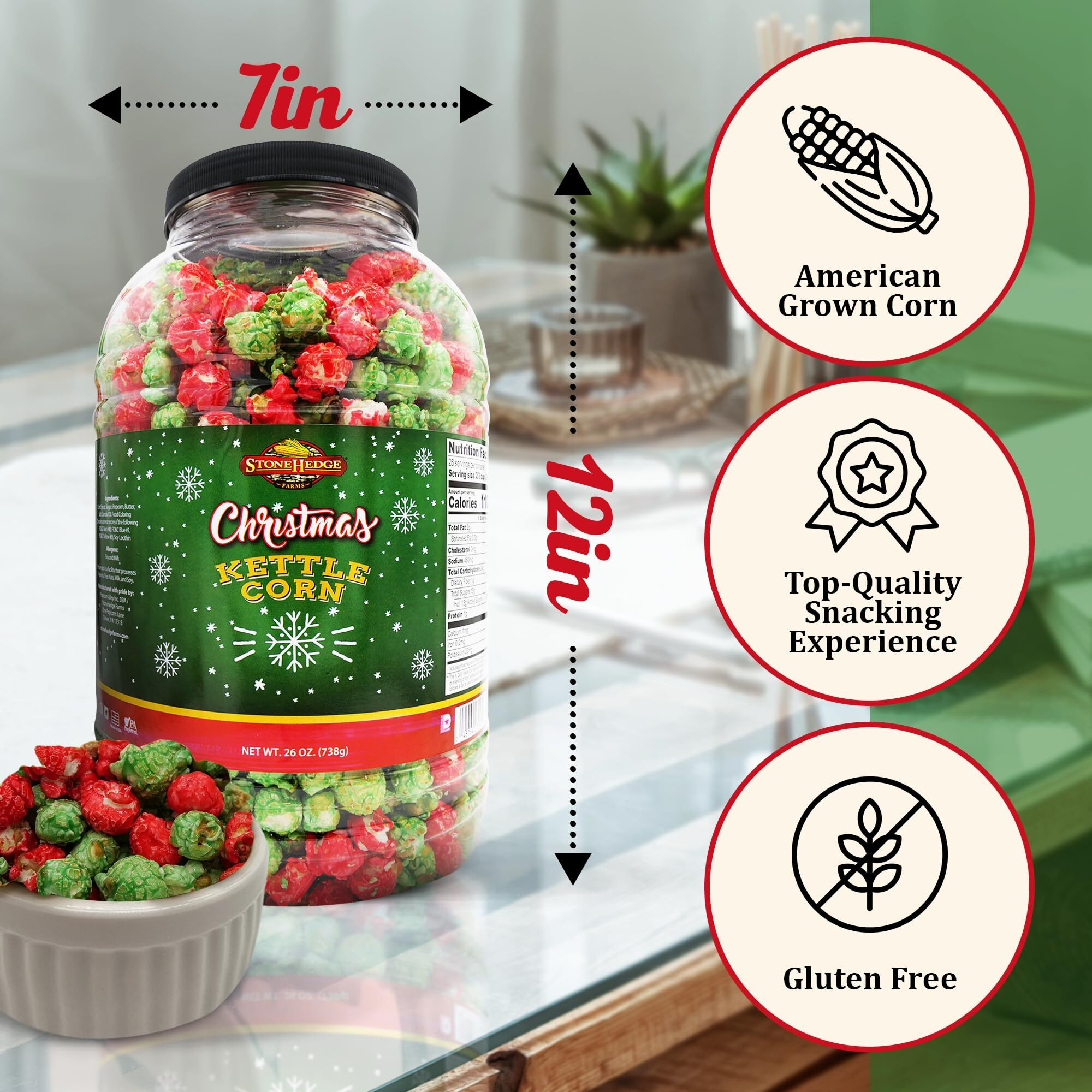 Stonehedge Farms Christmas Kettle Corn - 26 Ounce Barrel - Deliciously Old Fashioned - Red, And Green Popcorn