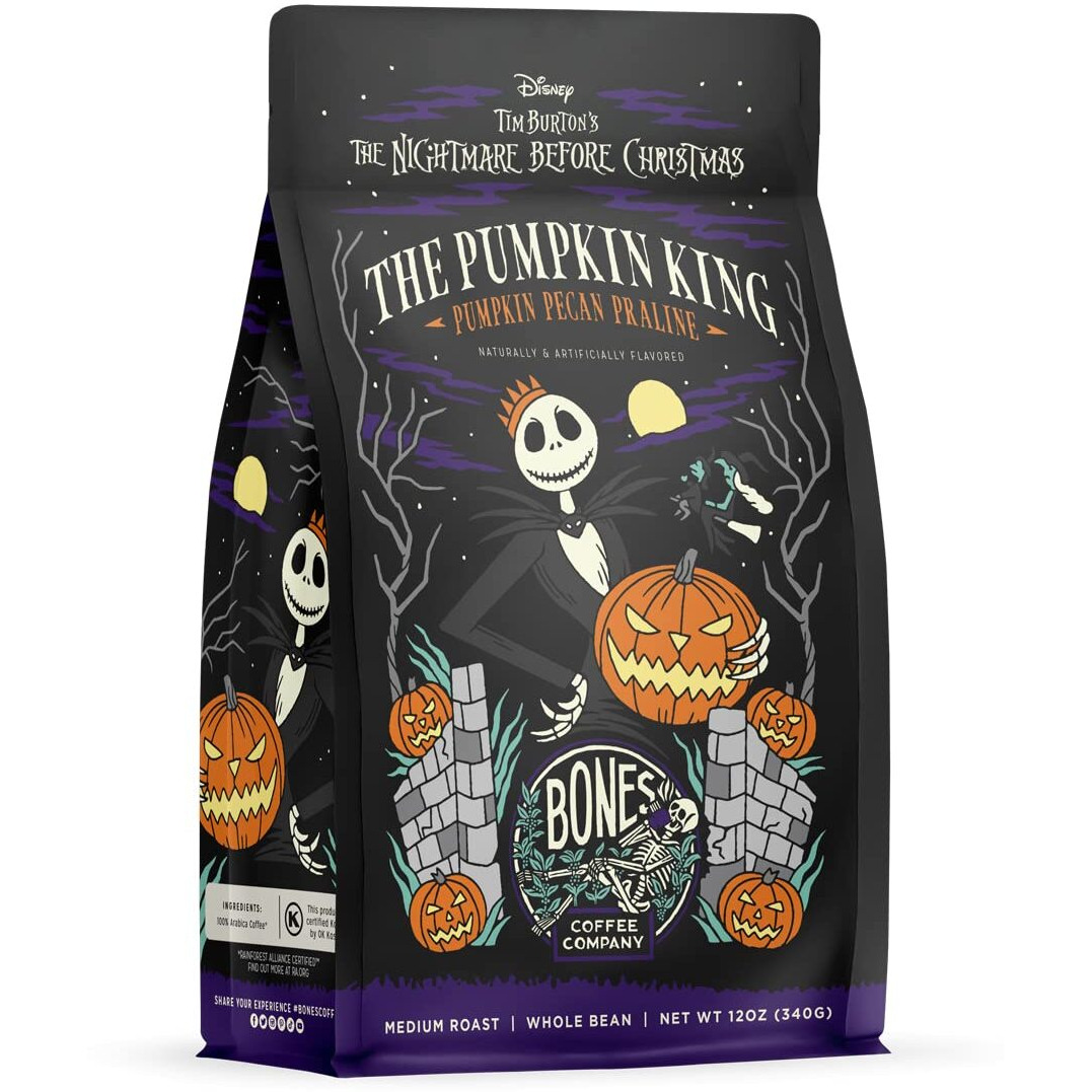 Bones Coffee Company Pumpkin King Flavored Ground Coffee Beans Pumpkin Pecan Praline Flavor, Made With Arabica Coffee Beans, Medium Roast Coffee Inspired By The Nightmare Before Christmas (12 Oz)