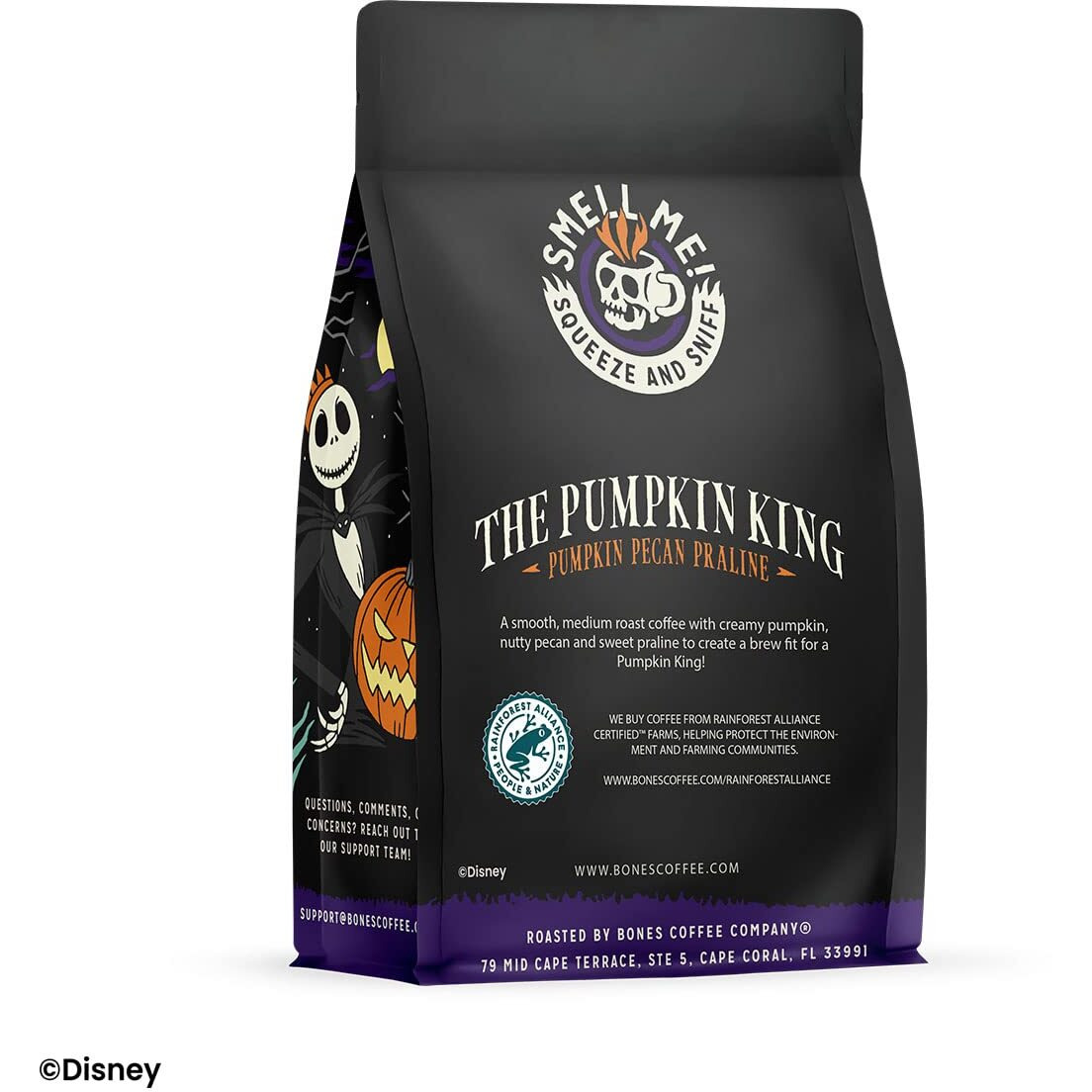 Bones Coffee Company Pumpkin King Flavored Ground Coffee Beans Pumpkin Pecan Praline Flavor, Made With Arabica Coffee Beans, Medium Roast Coffee Inspired By The Nightmare Before Christmas (12 Oz)