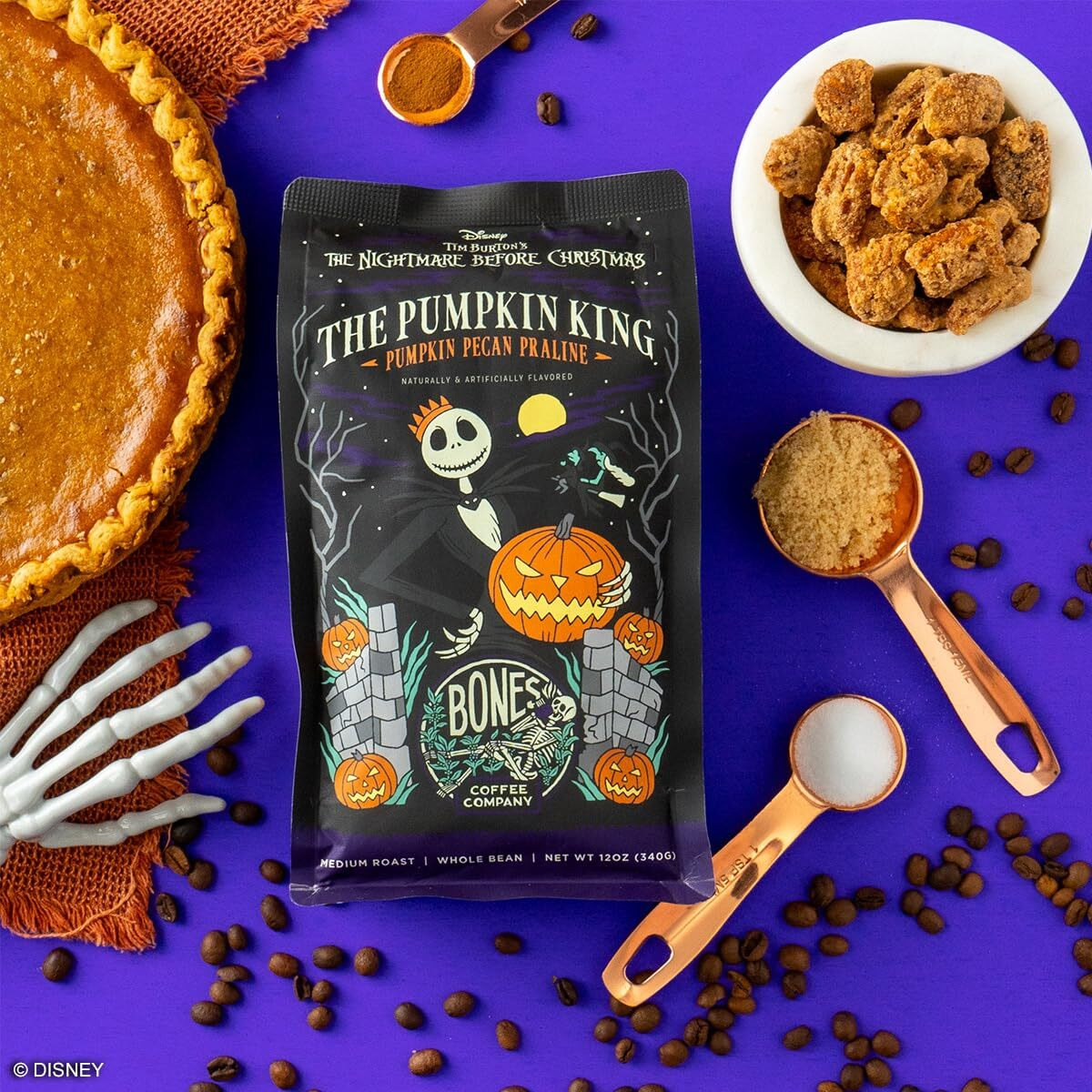 Bones Coffee Company Pumpkin King Flavored Ground Coffee Beans Pumpkin Pecan Praline Flavor, Made With Arabica Coffee Beans, Medium Roast Coffee Inspired By The Nightmare Before Christmas (12 Oz)