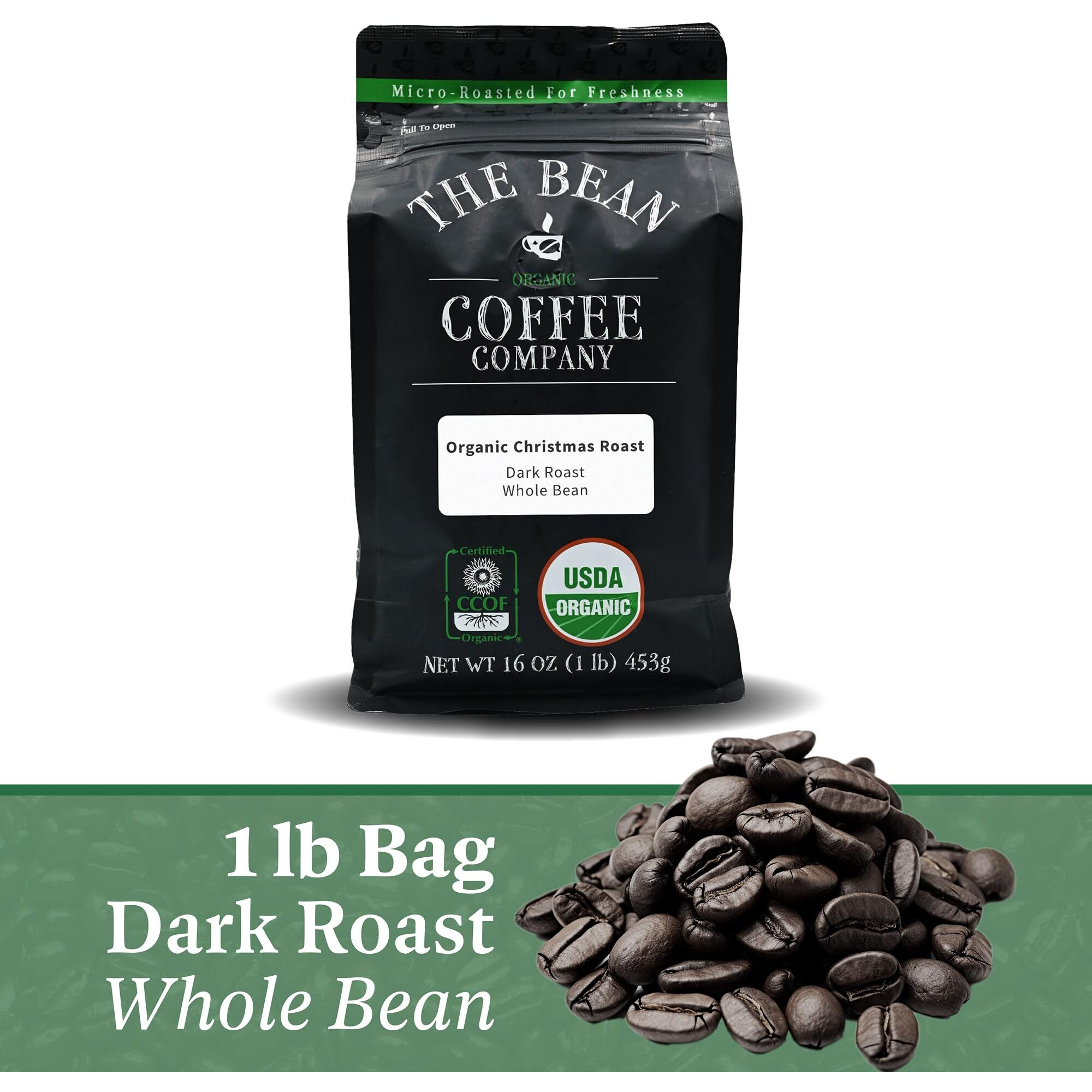 The Bean Organic Coffee Company Christmas Roast, Dark Roast, Whole Bean Coffee, 16-Ounce Bag