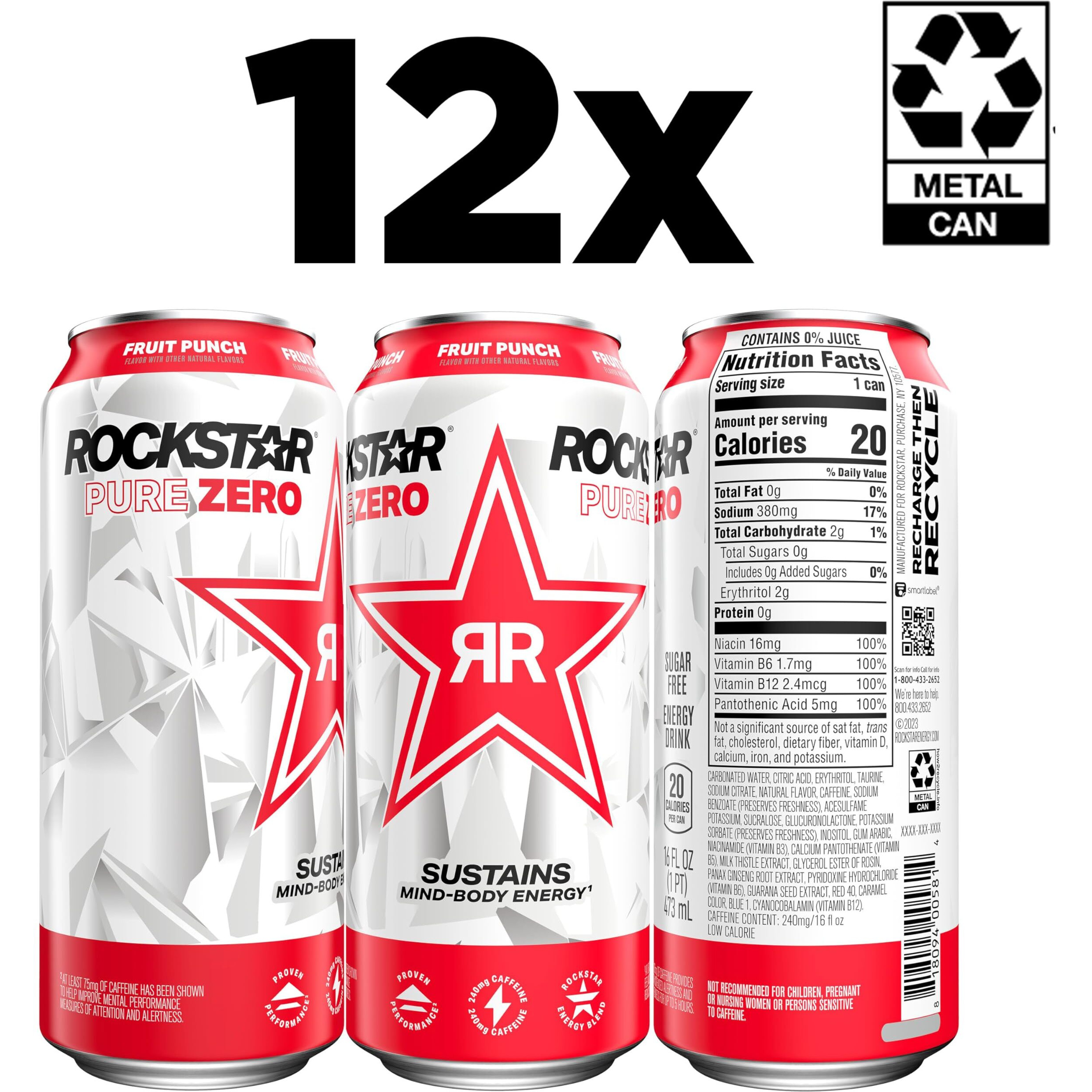 Rockstar Pure Zero Energy Drink, Fruit Punch, 0 Sugar, With Caffeine And Taurine, 16Oz Cans (12 Pack) (Packaging May Vary)