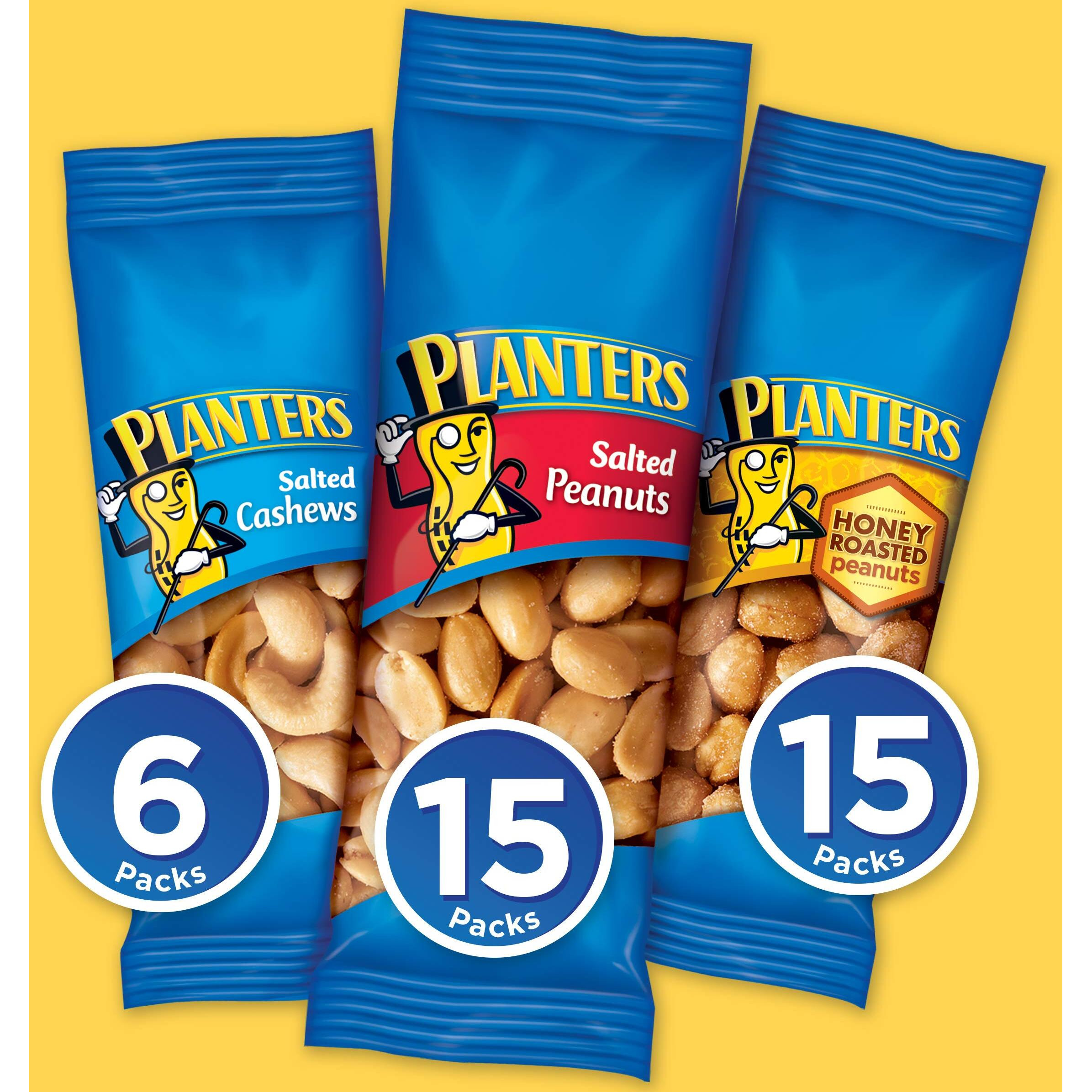Planters Variety Pack, Salted Cashews, Salted Peanuts & Honey Roasted Peanuts, On-The-Go Nut Snacks, Individually Packed Snacks, Quick Snack For Adults, After School Snack, Kosher, (36 Pack)