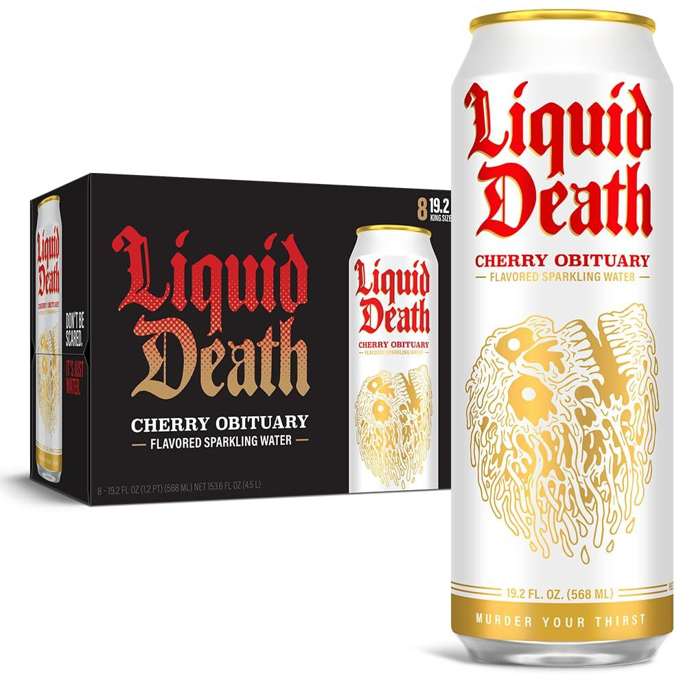 Liquid Death, Cherry Obituary Sparkling Water, 8-Pack (King Size 19.2Oz Cans), Cherry Flavored Sparkling Beverage Sweetened With Real Agave, Low Calorie & Low Sugar