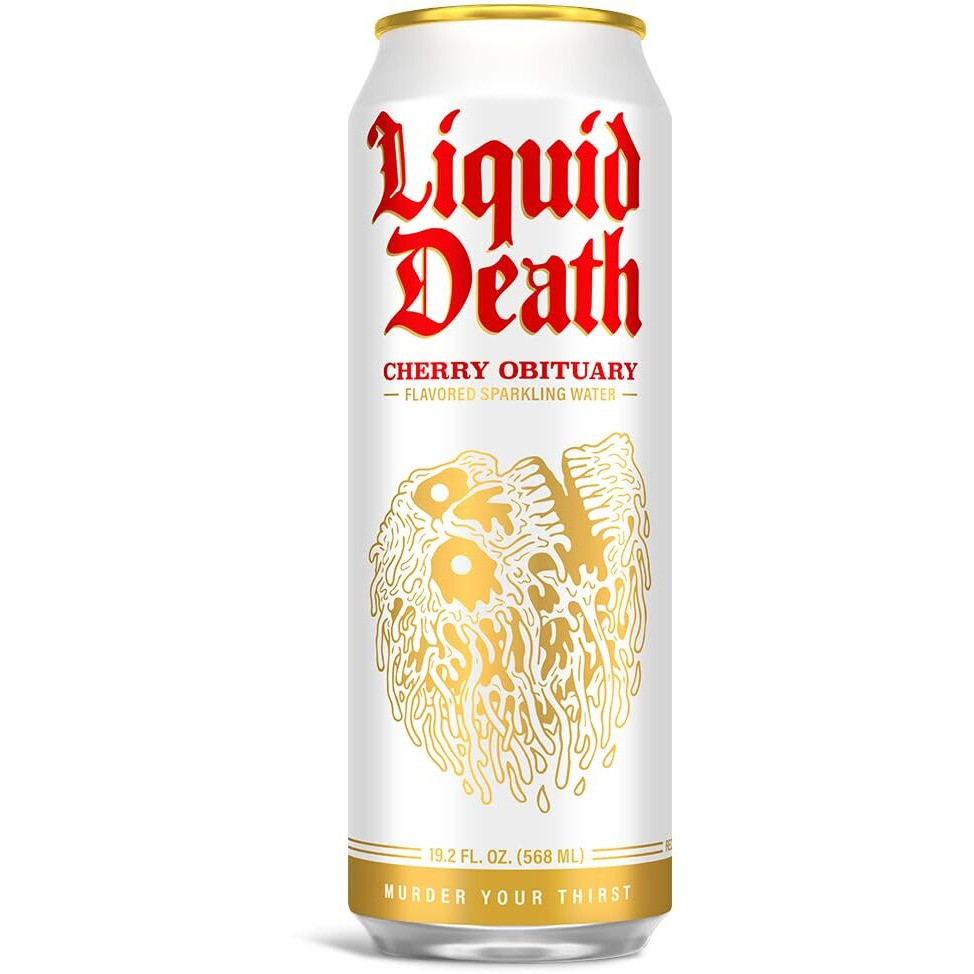 Liquid Death, Cherry Obituary Sparkling Water, 8-Pack (King Size 19.2Oz Cans), Cherry Flavored Sparkling Beverage Sweetened With Real Agave, Low Calorie & Low Sugar