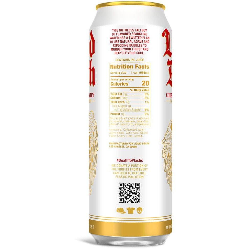 Liquid Death, Cherry Obituary Sparkling Water, 8-Pack (King Size 19.2Oz Cans), Cherry Flavored Sparkling Beverage Sweetened With Real Agave, Low Calorie & Low Sugar