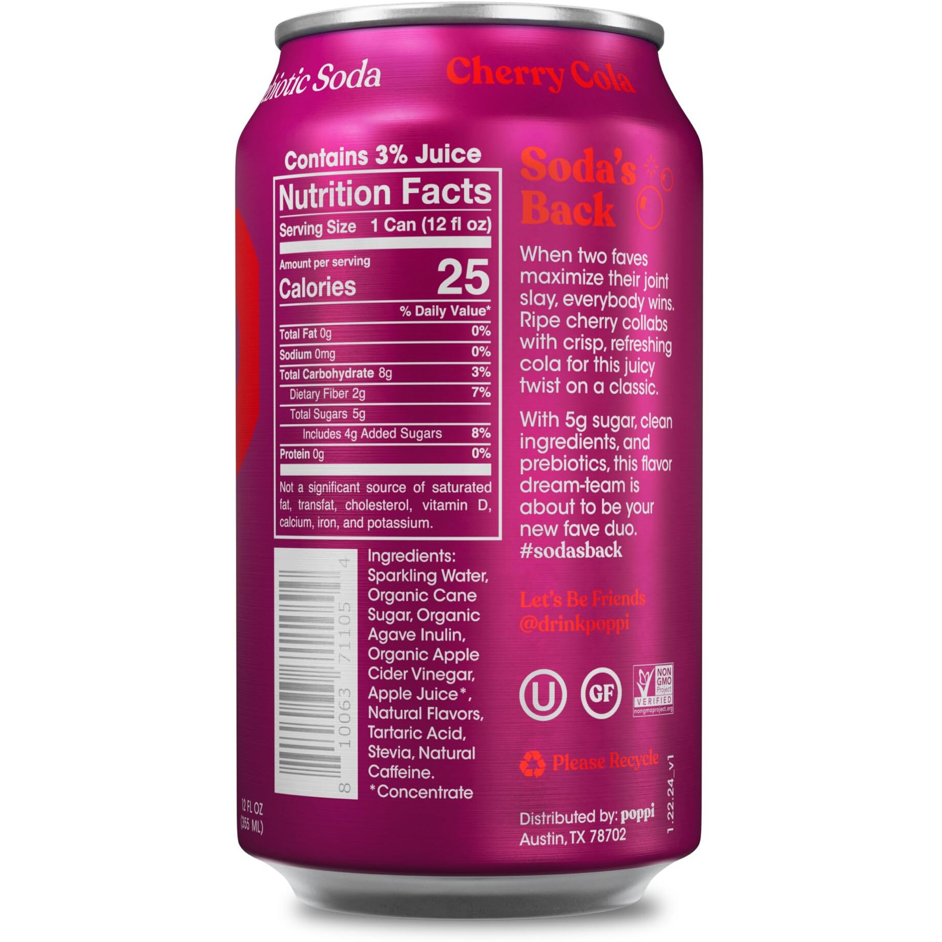 Poppi Sparkling Prebiotic Soda, Beverages W/Apple Cider Vinegar, Seltzer Water & Fruit Juice, New Cherry Cola, 12 Oz (12 Pack)