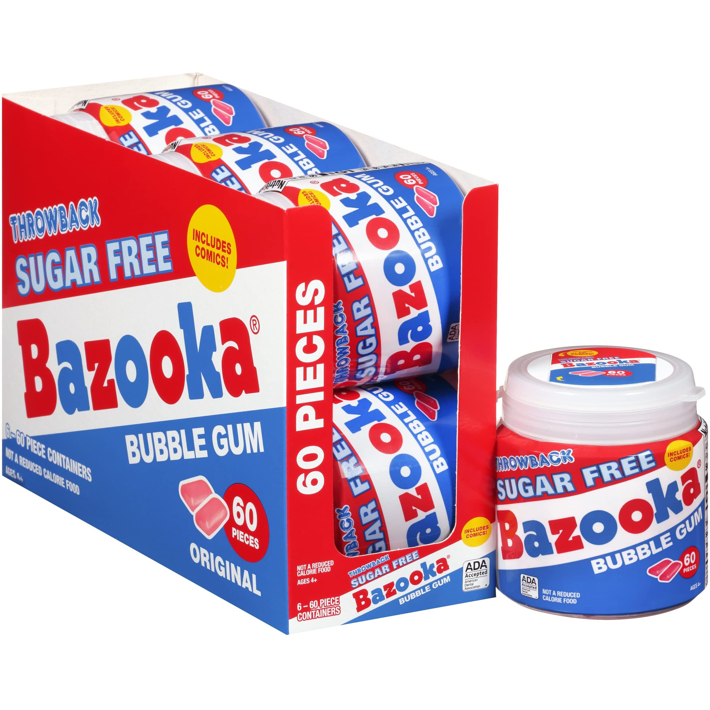 Bazooka Sugar Free Bubble Gum - 60 Count To Go Cup (Pack Of 6) Pink Chewing Gum In Original Sugarless Flavor - Fun Old Fashioned Candy For Halloween Parties And Trick Or Treaters