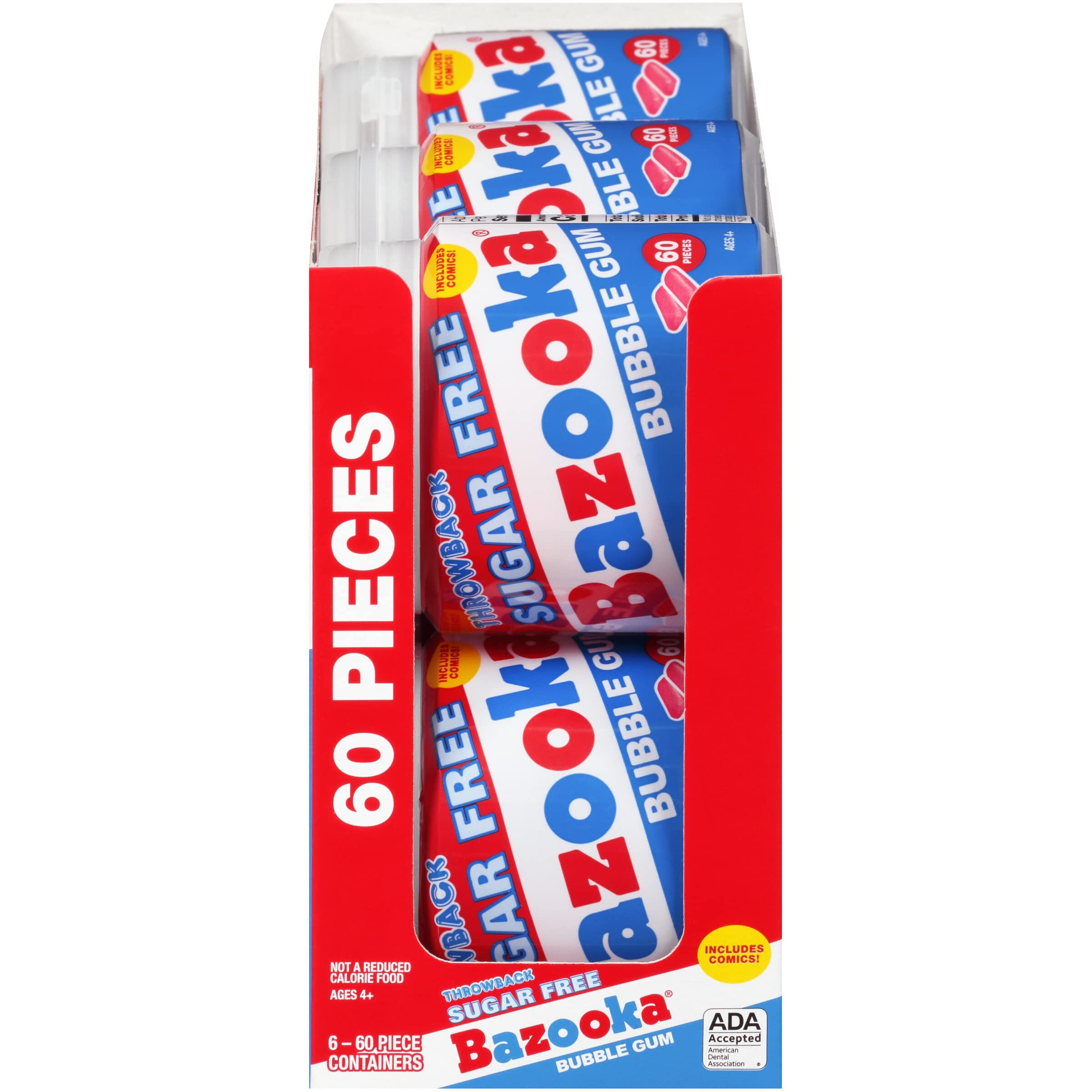 Bazooka Sugar Free Bubble Gum - 60 Count To Go Cup (Pack Of 6) Pink Chewing Gum In Original Sugarless Flavor - Fun Old Fashioned Candy For Halloween Parties And Trick Or Treaters