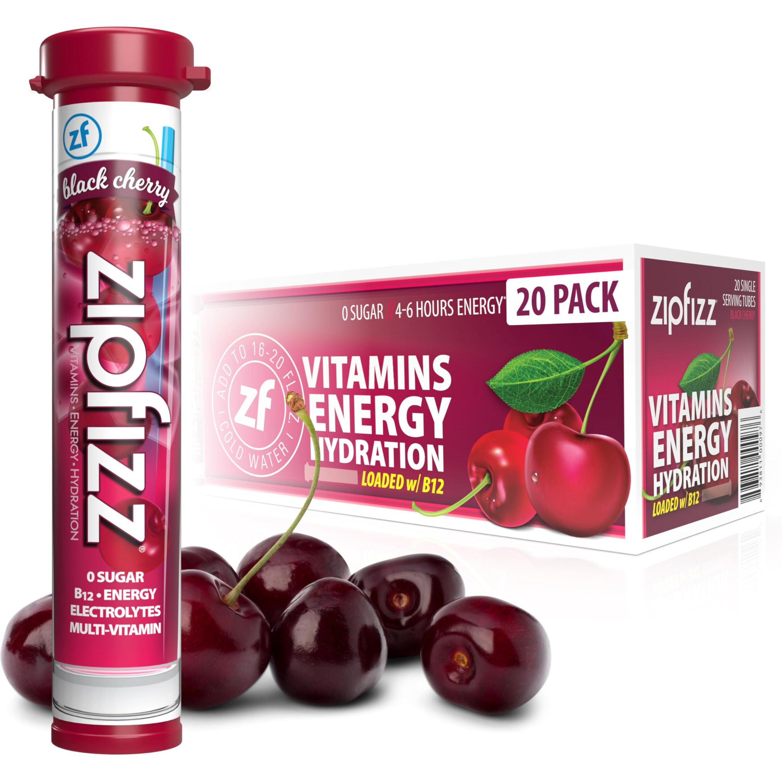 Zipfizz Daily Energy Drink Powder, Black Cherry, 20 Pack 3-In-1 Sustained Energy, Rapid Hydration, And Essential Vitamins Sugar-Free Electrolyte Powder Contains Vitamin B-12 & Antioxidants