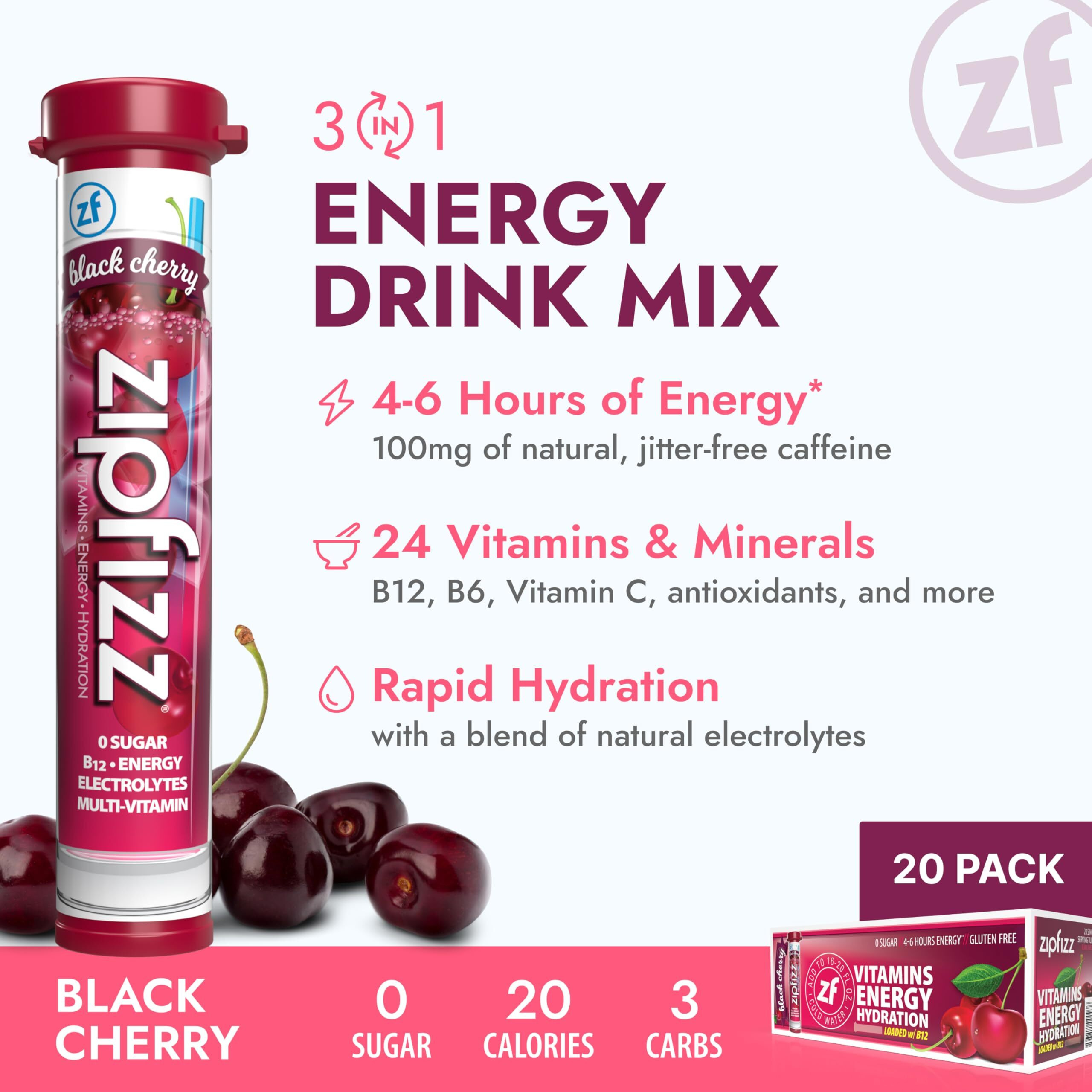 Zipfizz Daily Energy Drink Powder, Black Cherry, 20 Pack 3-In-1 Sustained Energy, Rapid Hydration, And Essential Vitamins Sugar-Free Electrolyte Powder Contains Vitamin B-12 & Antioxidants