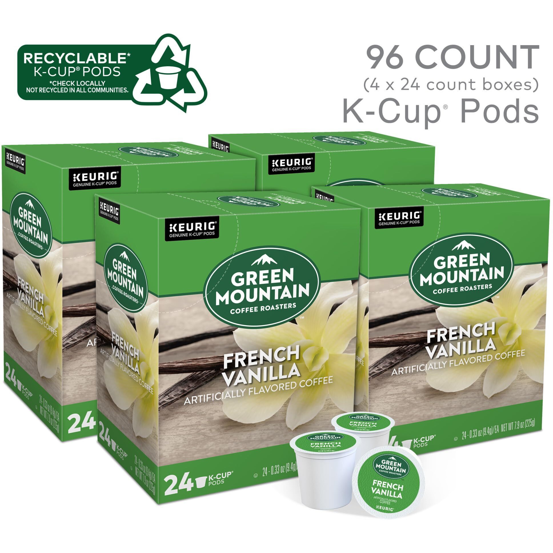 Green Mountain Coffee Roasters French Vanilla Coffee, Keurig Single-Serve K-Cup Pods, Light Roast, 96 Count (4 Packs Of 24)