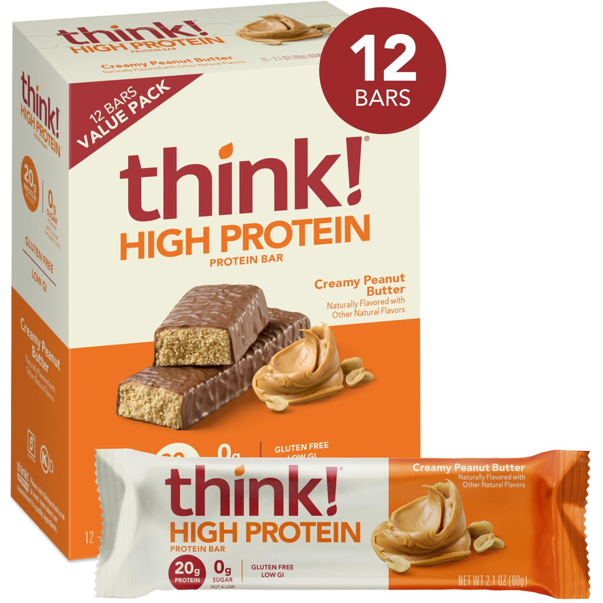 Think Protein Bars, High Protein Snacks, Gluten Free, Kosher Friendly, Creamy Peanut Butter, Nutrition Bars, 2.1 Oz Per Bar, 12 Count (Packaging May Vary)