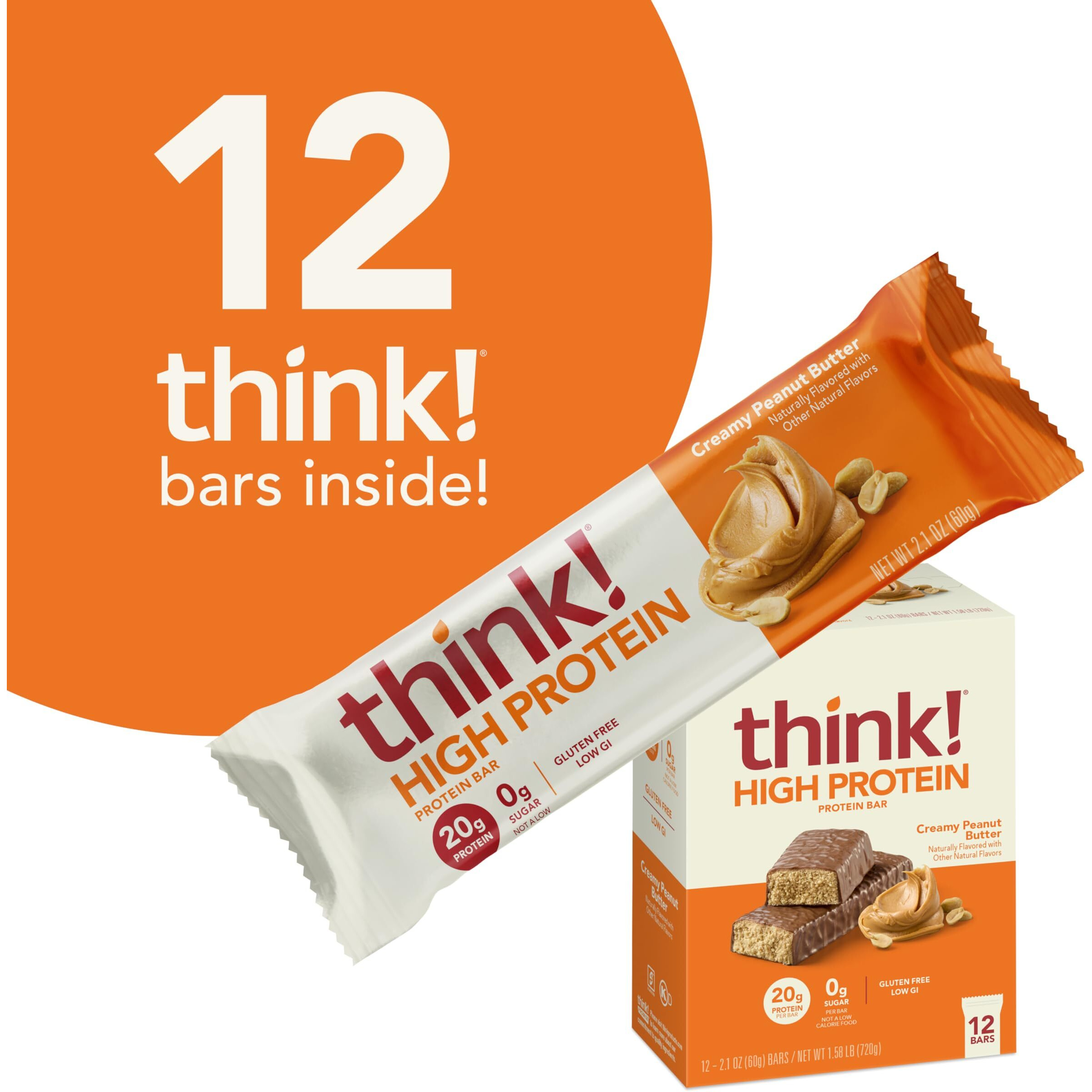 Think Protein Bars, High Protein Snacks, Gluten Free, Kosher Friendly, Creamy Peanut Butter, Nutrition Bars, 2.1 Oz Per Bar, 12 Count (Packaging May Vary)