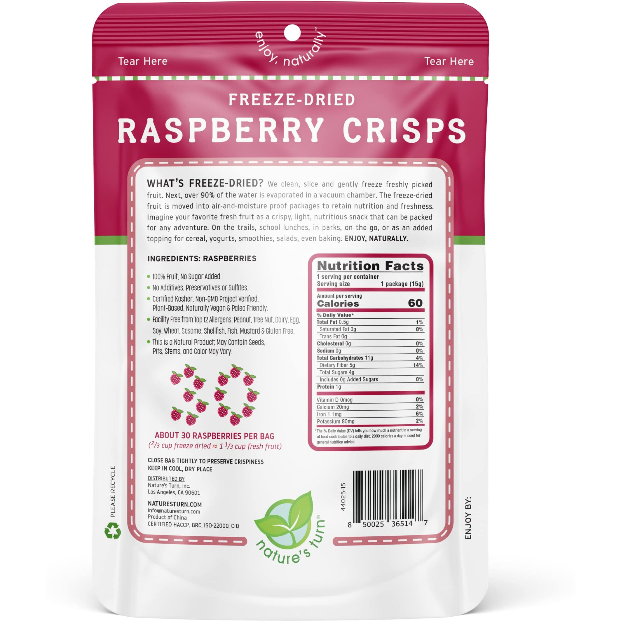 Natures Turn Freeze-Dried Fruit Snacks, Raspberry Crisps, Pack Of 6 (0.53 Oz Each)