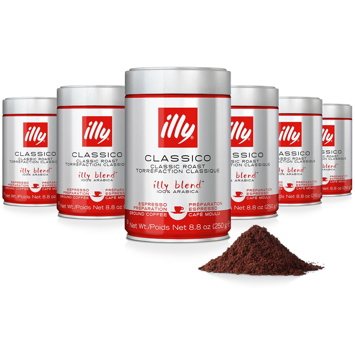 Illy Ground Coffee Espresso - 100% Arabica Coffee Ground - Classico Medium Roast - Notes Of Caramel, Orange Blossom & Jasmine - Rich Aromatic Profile - No Preservatives - 8.8 Ounce, 6 Pack