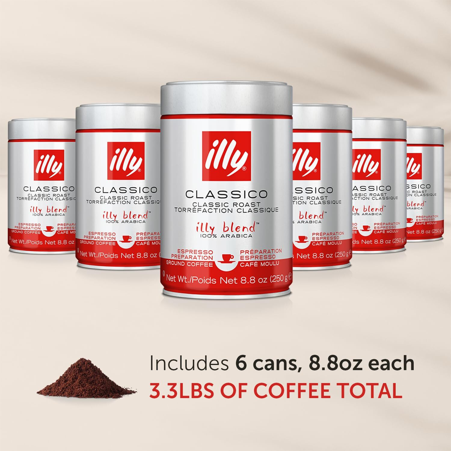 Illy Ground Coffee Espresso - 100% Arabica Coffee Ground - Classico Medium Roast - Notes Of Caramel, Orange Blossom & Jasmine - Rich Aromatic Profile - No Preservatives - 8.8 Ounce, 6 Pack