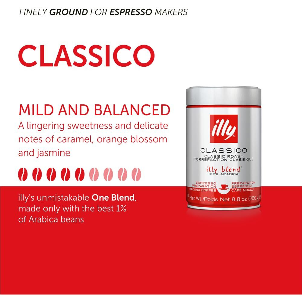 Illy Ground Coffee Espresso - 100% Arabica Coffee Ground - Classico Medium Roast - Notes Of Caramel, Orange Blossom & Jasmine - Rich Aromatic Profile - No Preservatives - 8.8 Ounce, 6 Pack