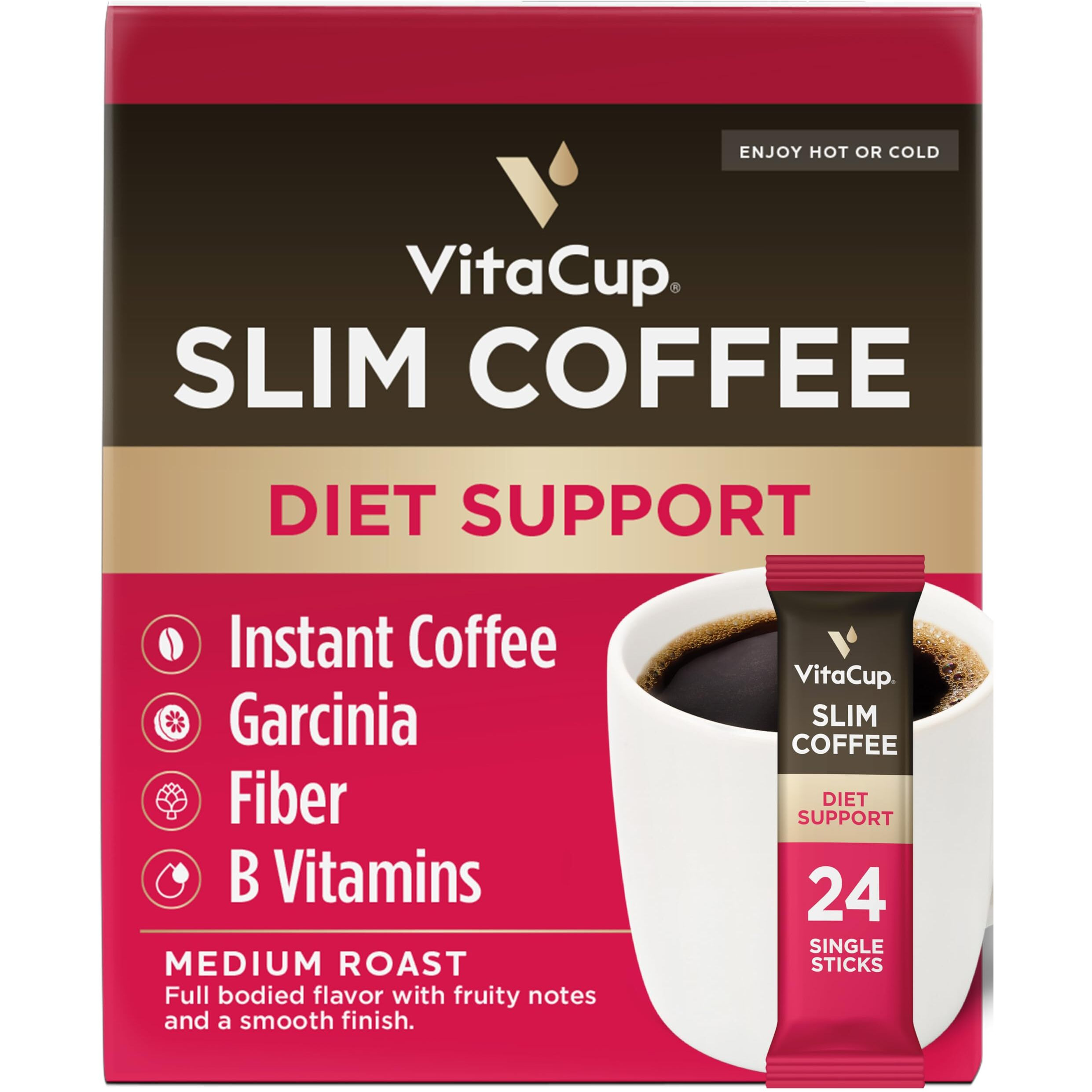 Vitacup Slim Instant Coffee Packets, With Garcinia, Fiber, B Vitamins, Bold & Smooth, Medium Dark Roast, 100% Arabica Coffee In Single Serve Sticks, 24 Ct