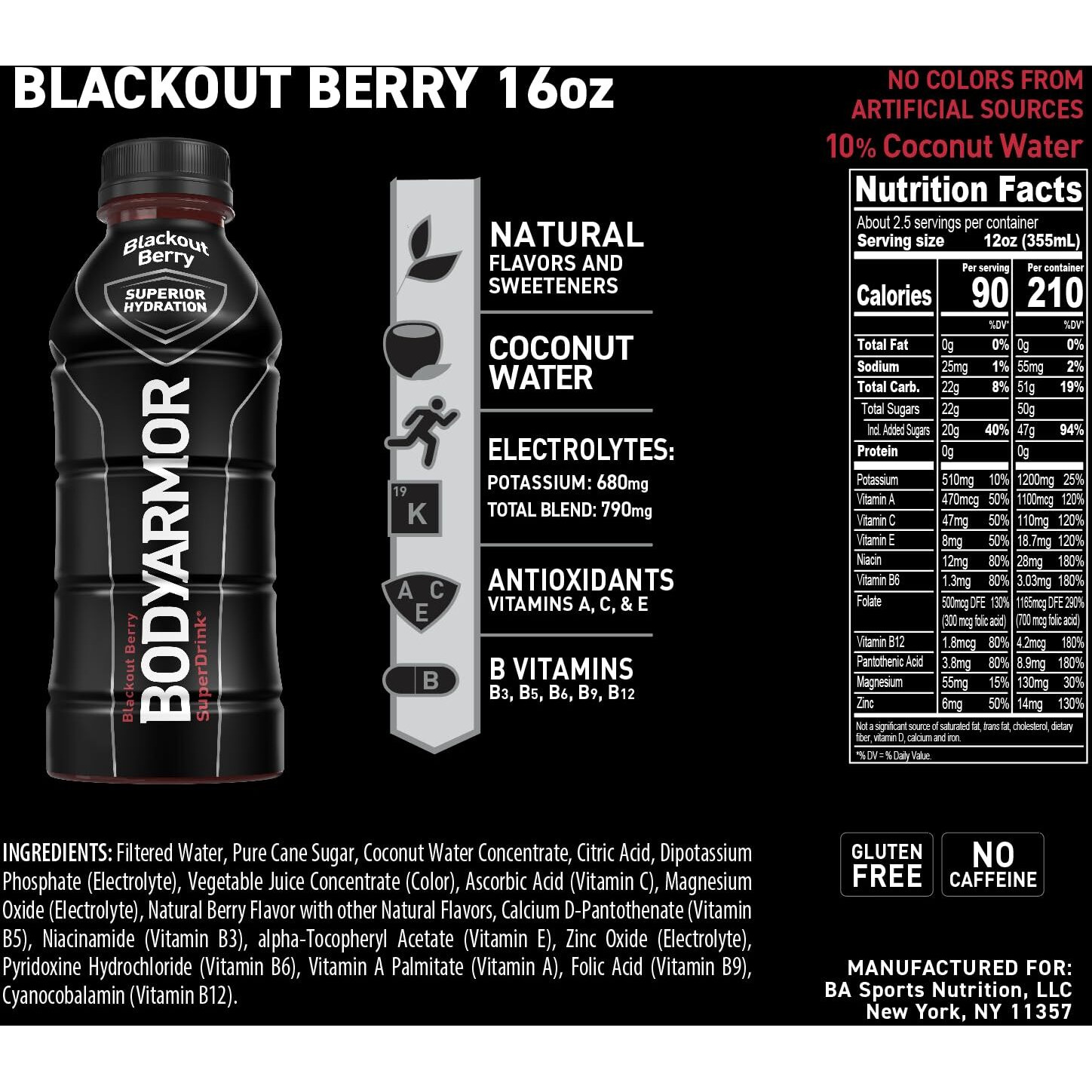 Bodyarmor Sports Drink Sports Beverage, Blackout Berry, Coconut Water Hydration, Natural Flavors With Vitamins, Potassium-Packed Electrolytes, Perfect For Athletes, 16 Fl Oz (Pack Of 12)