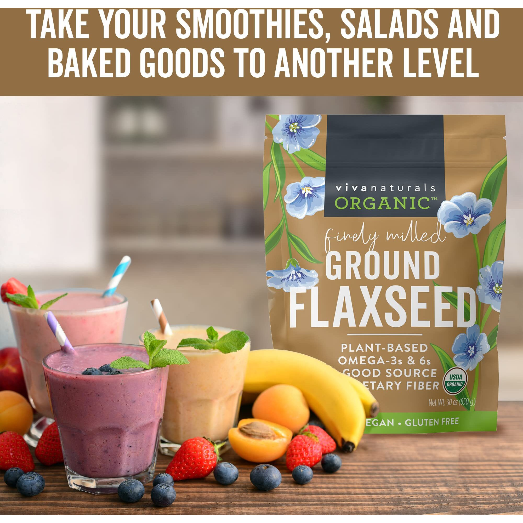 Viva Naturals Organic Ground Flaxseed - Premium Quality Plant-Based Protein And Vegan Omega 3 With Fiber, Perfect For Smoothies, Finely Milled Flaxseed 30 Oz (850 G)