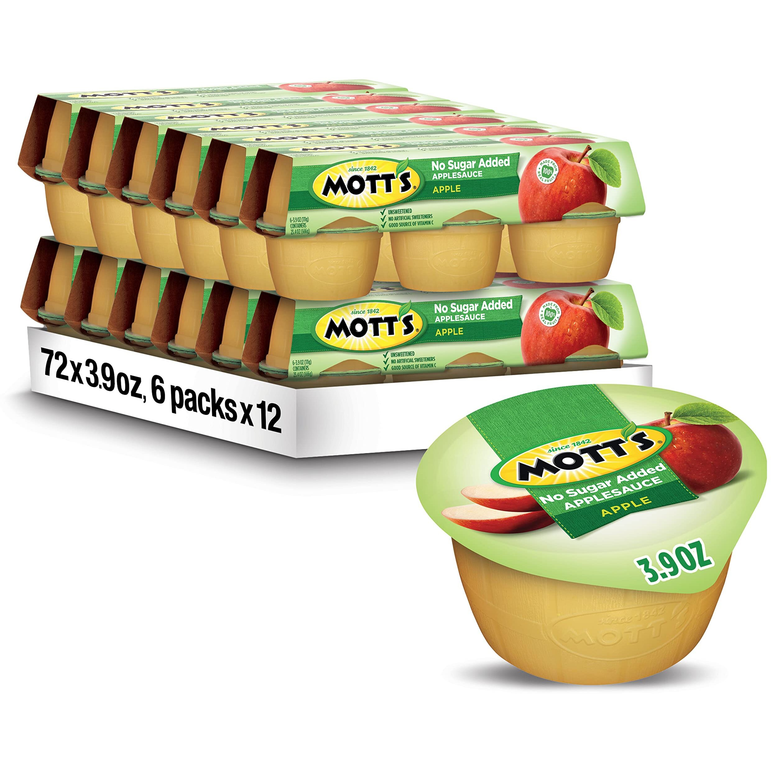Mott's No Sugar Added Applesauce, 3.9 Oz Cups, 72 Count (12 Packs Of 6), Good Source Of Vitamin C, No Artificial Flavors