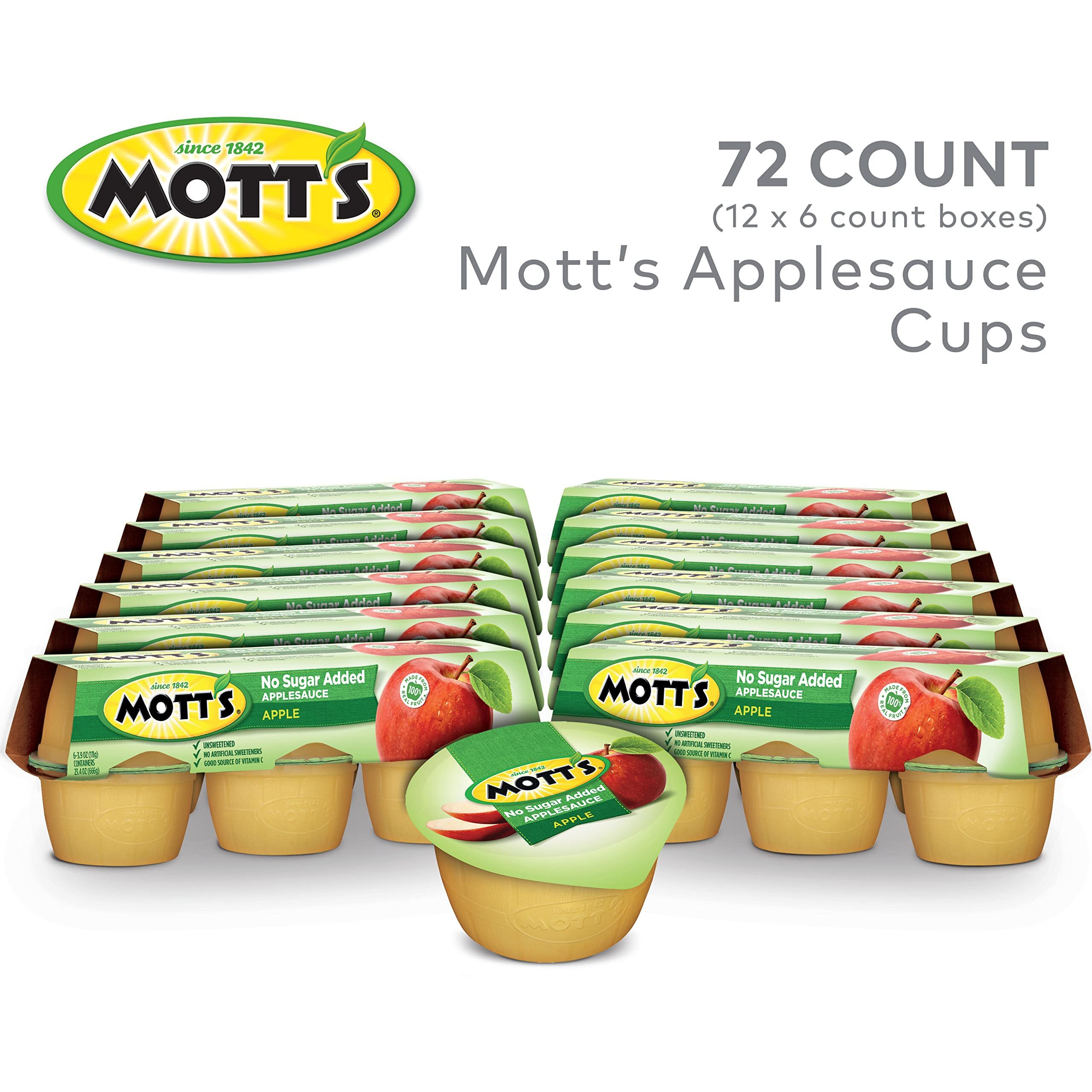 Mott's No Sugar Added Applesauce, 3.9 Oz Cups, 72 Count (12 Packs Of 6), Good Source Of Vitamin C, No Artificial Flavors