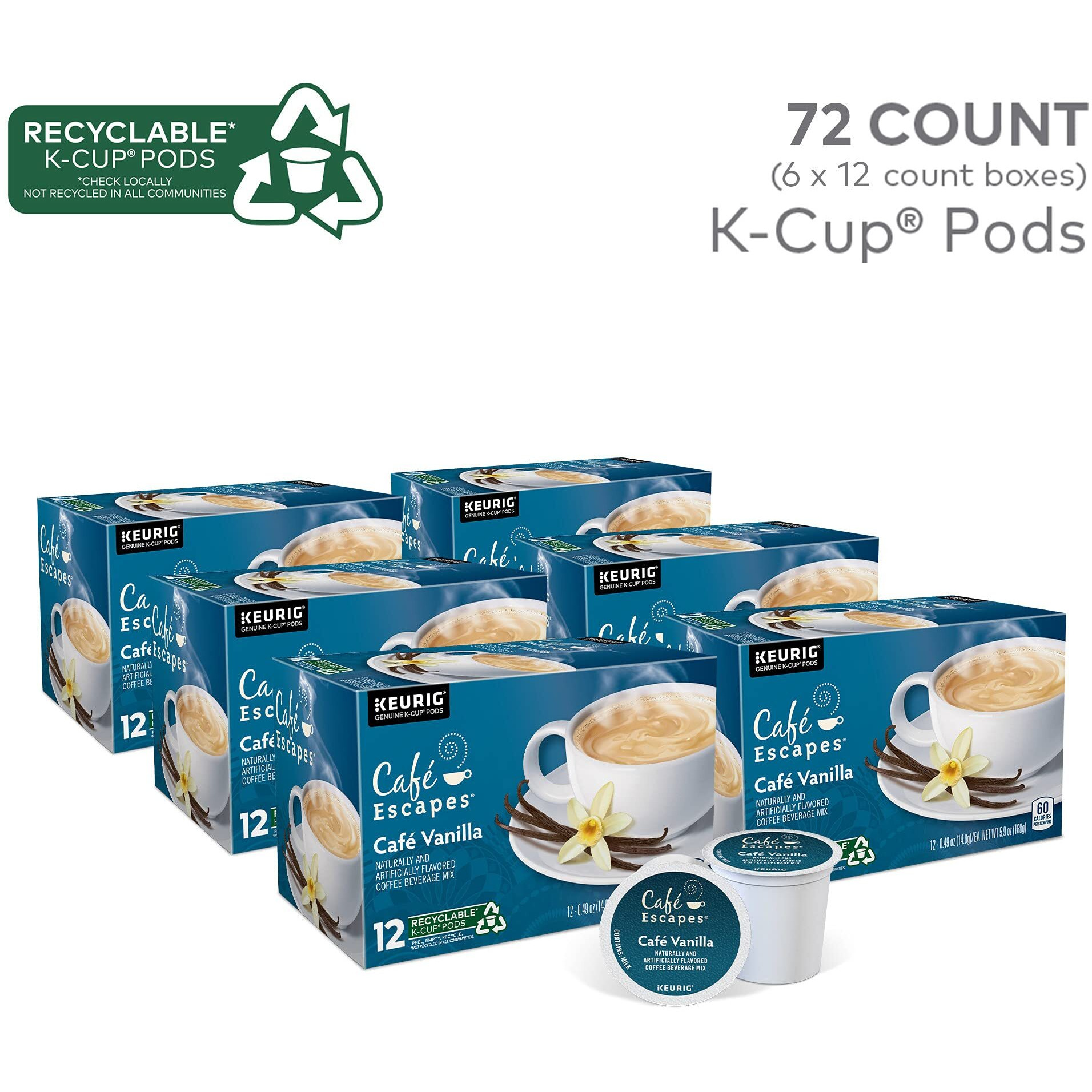Cafe Escapes Cafe Vanilla Keurig Single-Serve K-Cup Pods, 72 Count (6 Packs Of 12)
