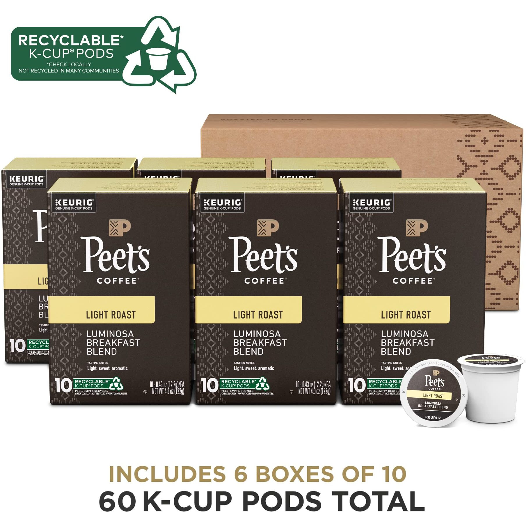 Peet's Coffee, Light Roast K-Cup Pods For Keurig Brewers - Luminosa Breakfast Blend, 10 Count (Pack Of 6)