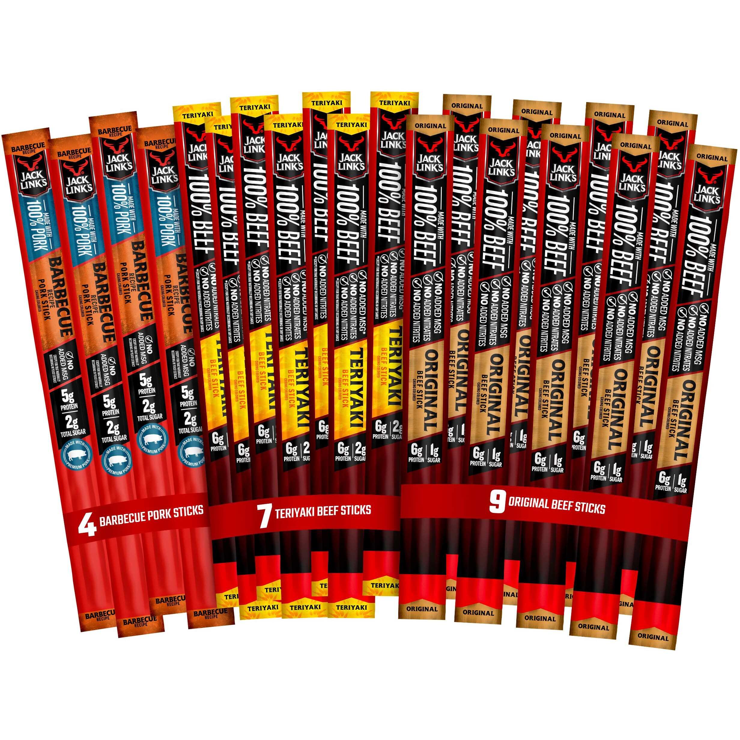 Jack Link's Beef Sticks - Includes (9) Original, (7) Teriyaki, (4) Barbecue Pork Protein Snack, No Added Msg - 0.92 Oz. (20 Count)