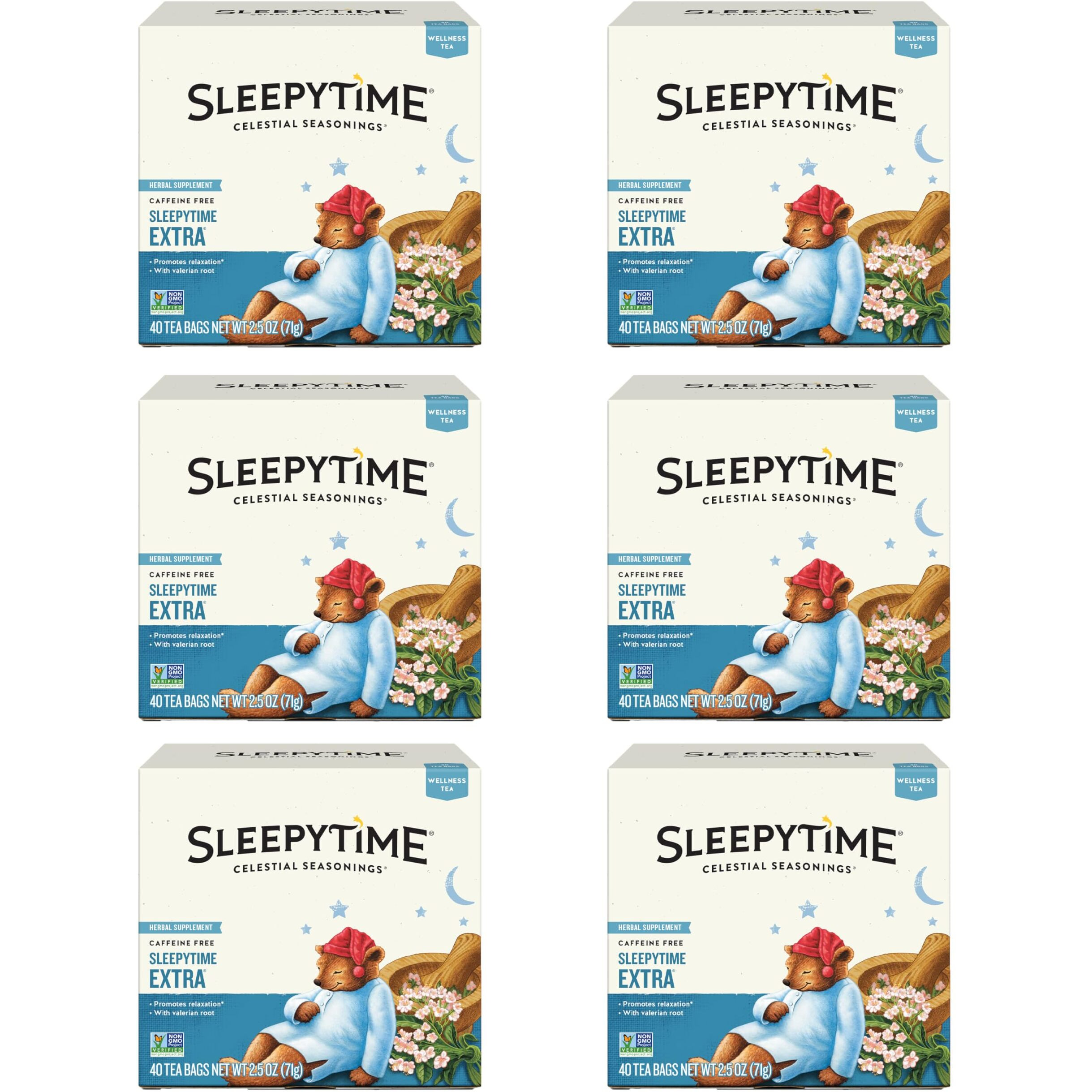Celestial Seasonings Sleepytime Wellness Extra Tea, Caffeine Free, 40 Tea Bags Box, (Pack Of 6)