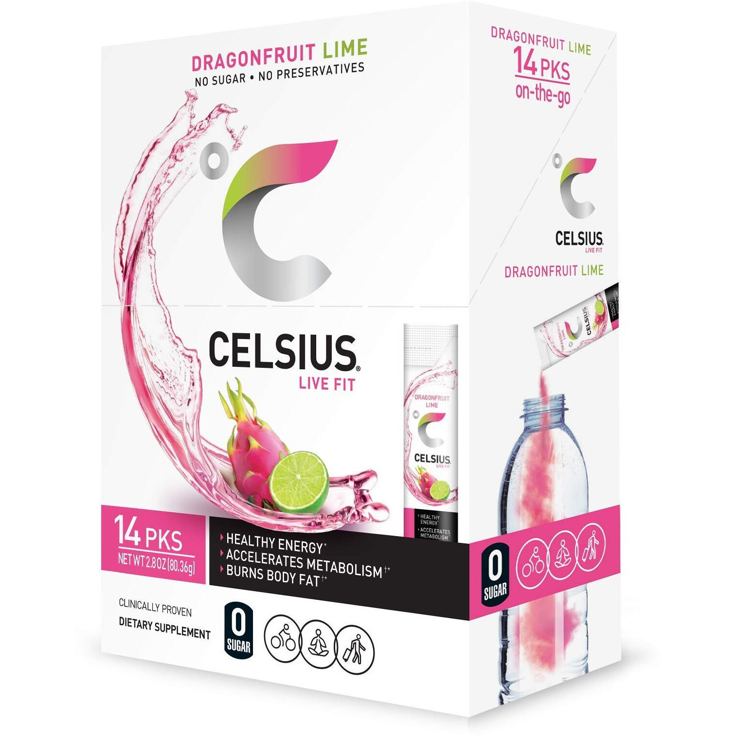 Celsius On-The-Go Powder Stick, Combo Pack Of Dragonfruit Lime And Cranberry Lemon, 28 Piece Assortment