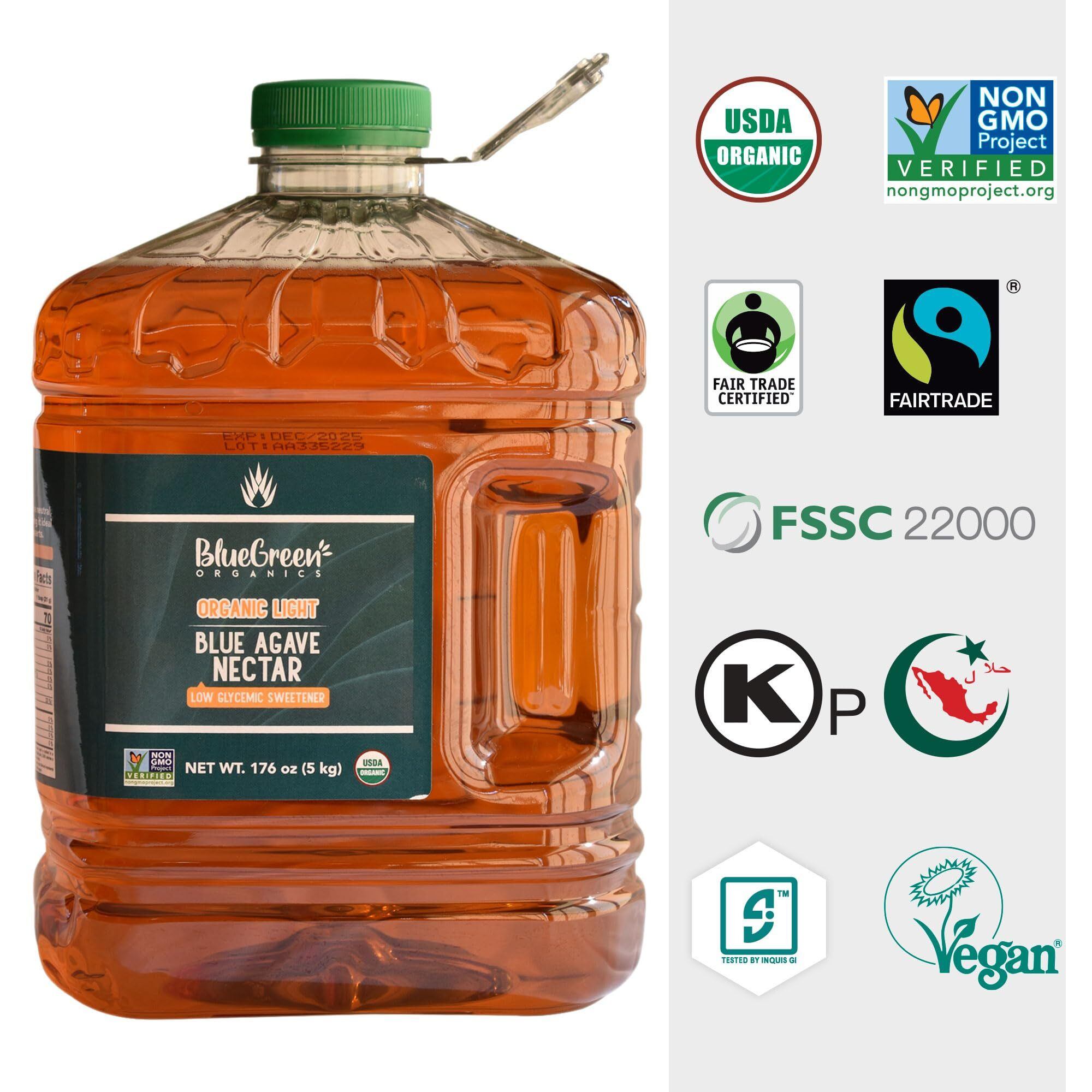 Blue Green Organics, Agave Syrup, Agave Gallon, Agave, Gluten Free, Organic, Sweetener, Teas, Coffees, Pancakes Or Any Baked Good, Family-Friendly, Sugar Substitute, Light, 176 Oz