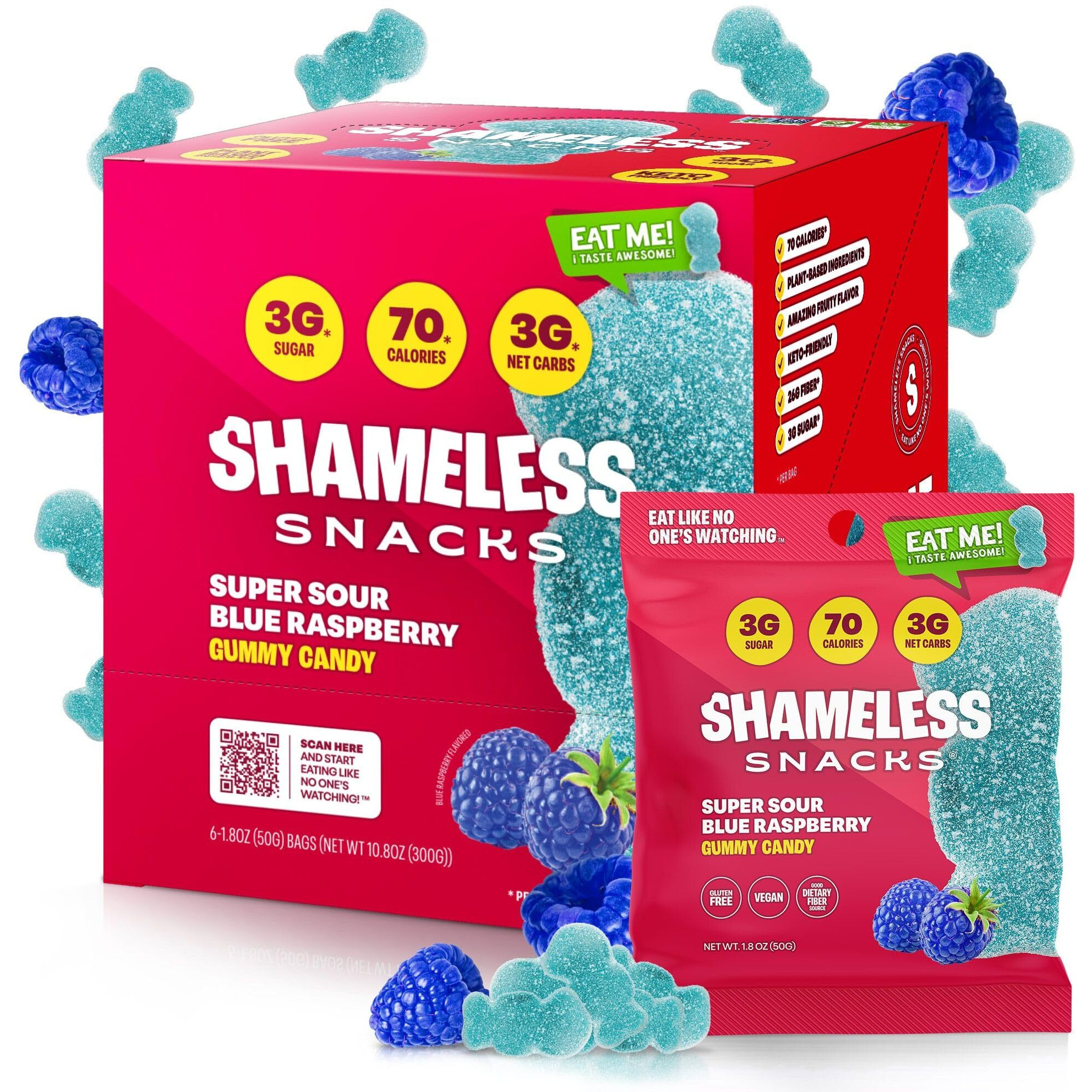 Shameless Snacks - Healthy Low Calorie Snacks, Low Carb Keto Gummies (Gluten Free Candy) - 6 Pack Sour Blue Raspberry