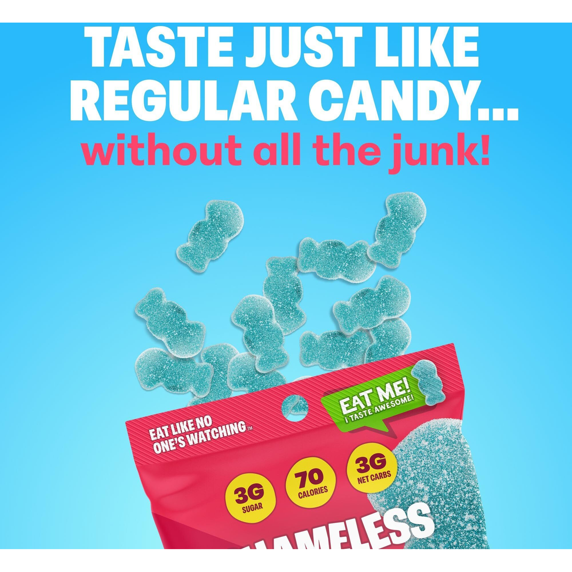 Shameless Snacks - Healthy Low Calorie Snacks, Low Carb Keto Gummies (Gluten Free Candy) - 6 Pack Sour Blue Raspberry