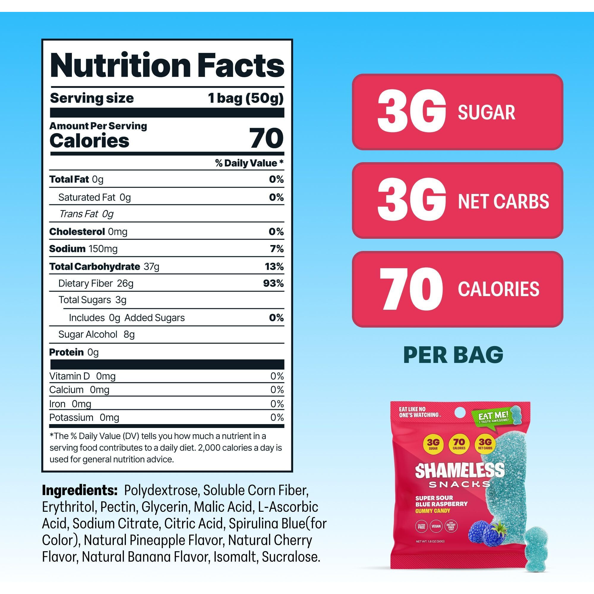 Shameless Snacks - Healthy Low Calorie Snacks, Low Carb Keto Gummies (Gluten Free Candy) - 6 Pack Sour Blue Raspberry