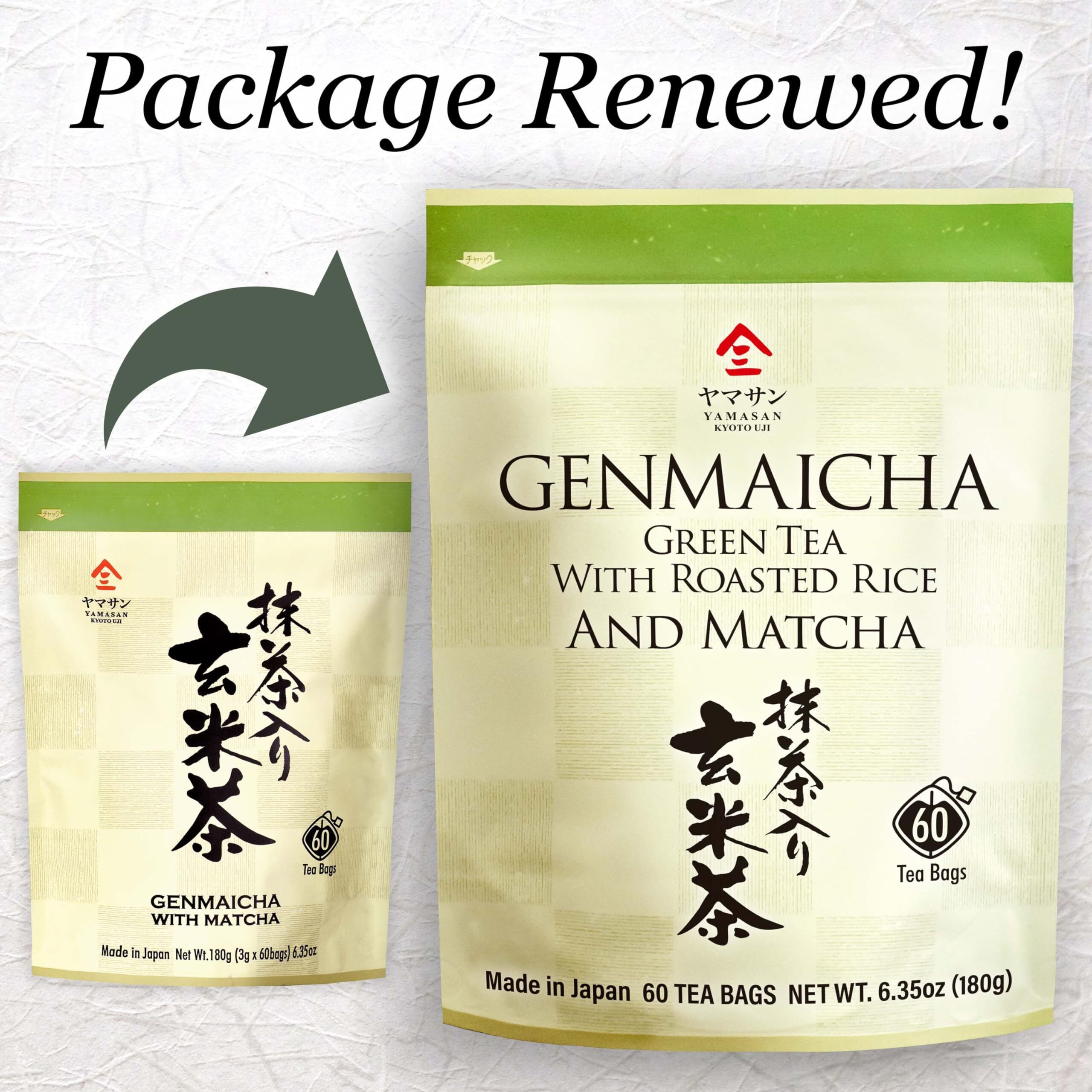 Genmaicha Green Tea With Matcha, Roasted Brown Rice Tea, Low Caffeine, Japanese Tea, 3G  60 Tea BagsYamasan