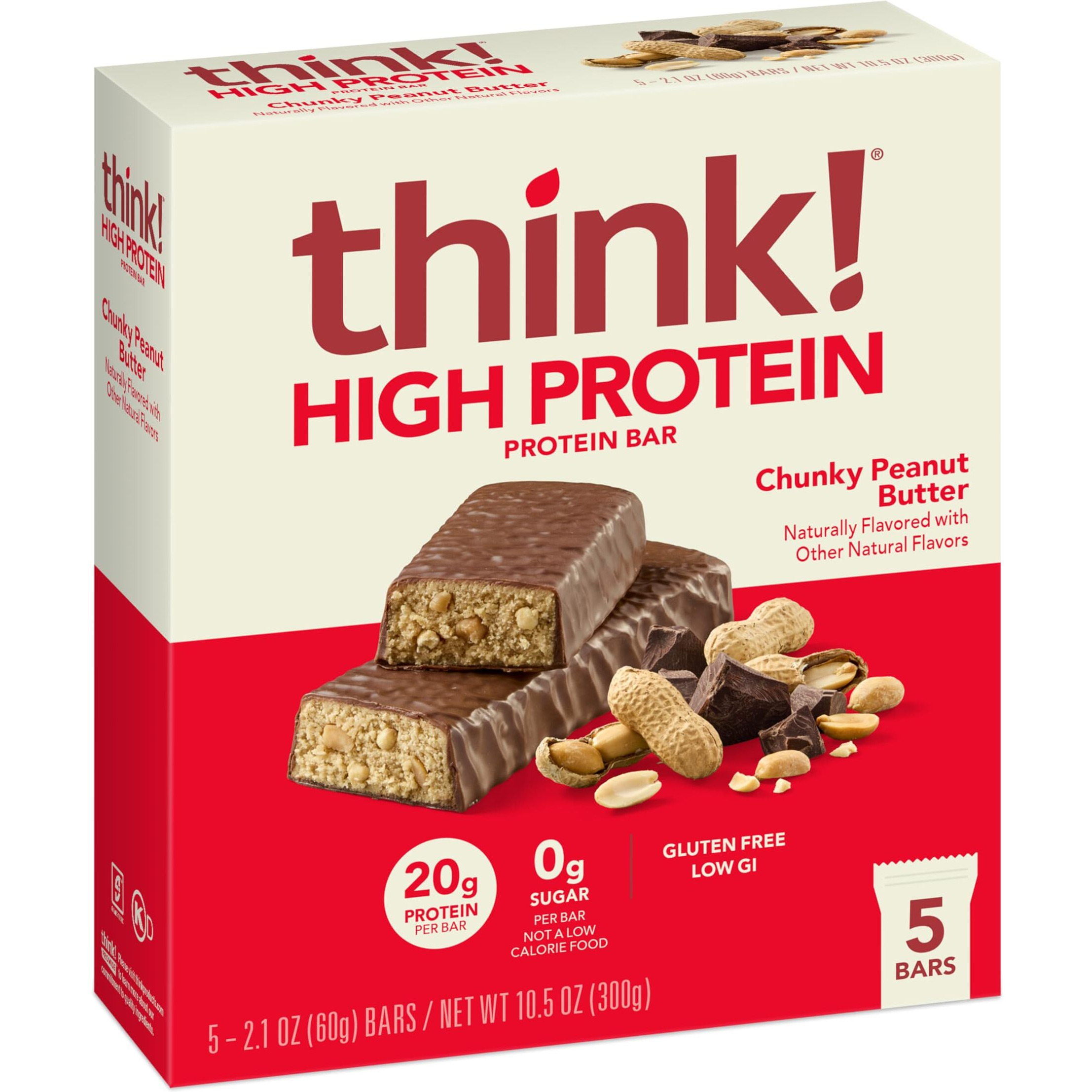 Think Protein Bars, High Protein Snacks, Gluten Free, Kosher Friendly, Chunky Peanut Butter, Nutrition Bars, 2.1 Oz Per Bar, 30 Count (Packaging May Vary)