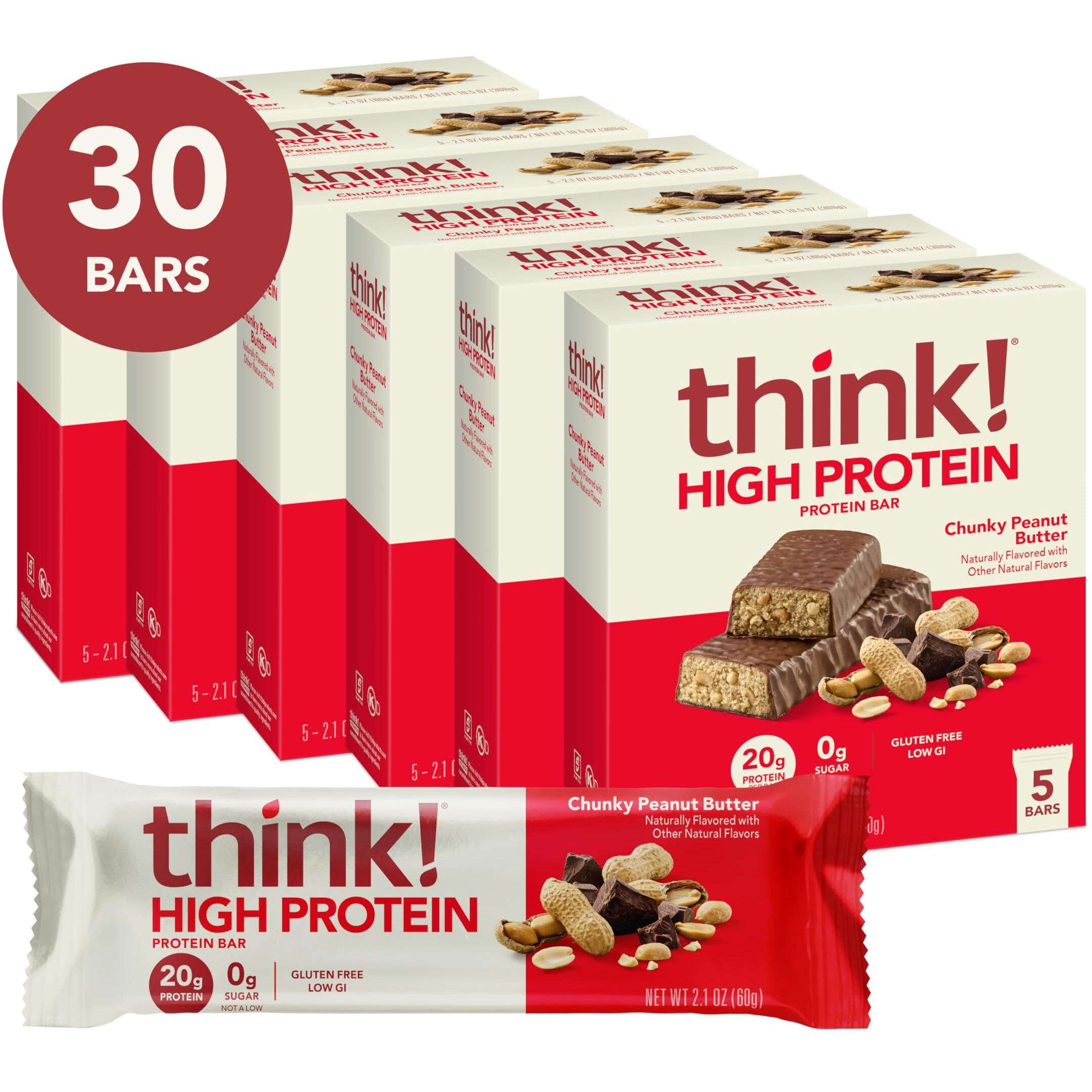 Think Protein Bars, High Protein Snacks, Gluten Free, Kosher Friendly, Chunky Peanut Butter, Nutrition Bars, 2.1 Oz Per Bar, 30 Count (Packaging May Vary)